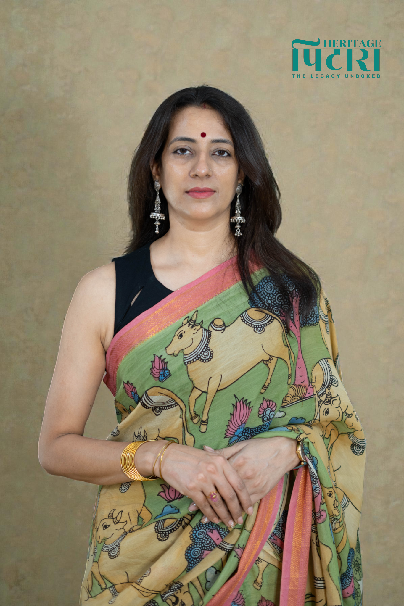 Hand-Painted Kalamkari Saree with Pastel Green & Pink Accents