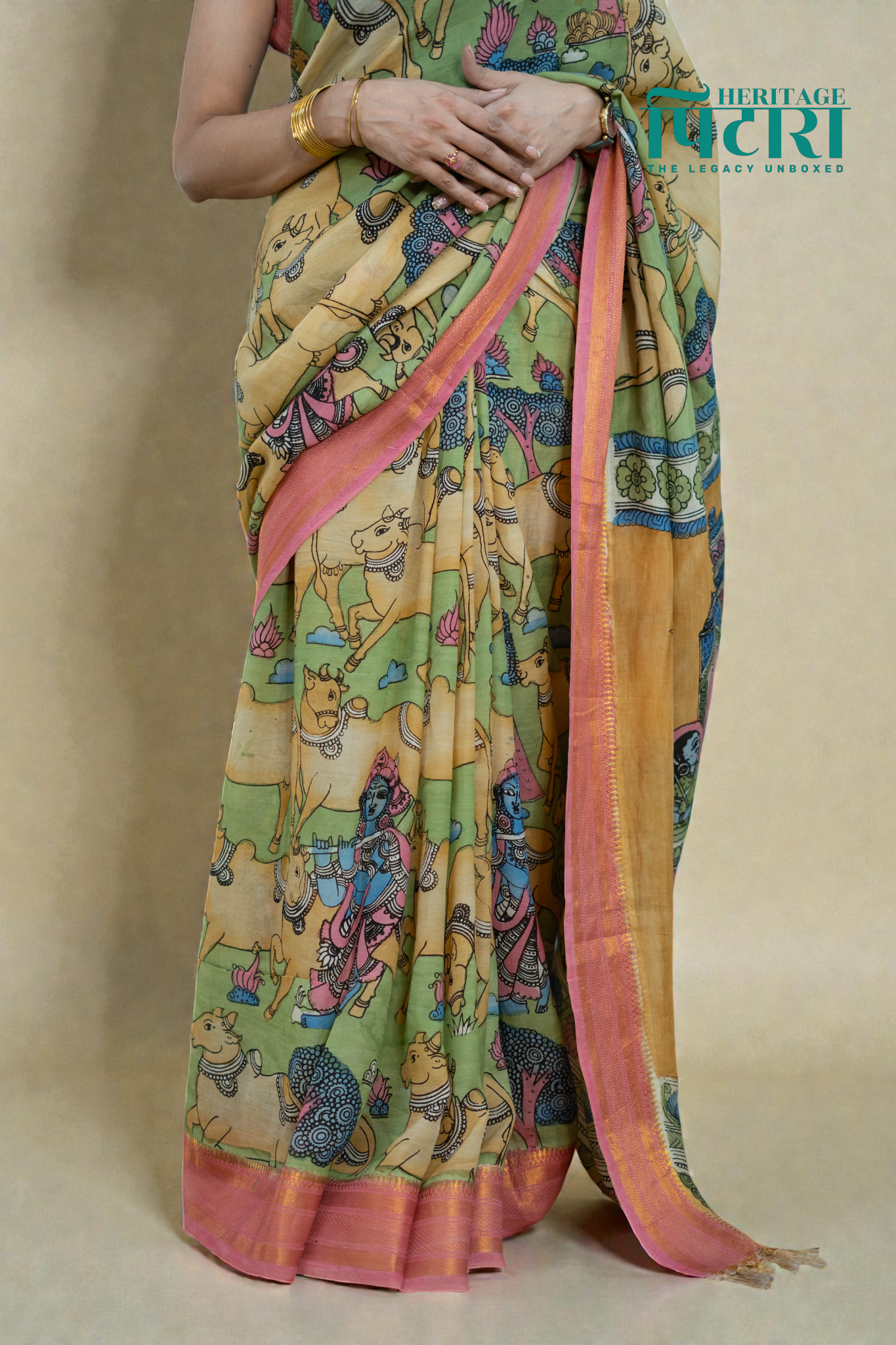 Hand-Painted Kalamkari Saree with Pastel Green & Pink Accents