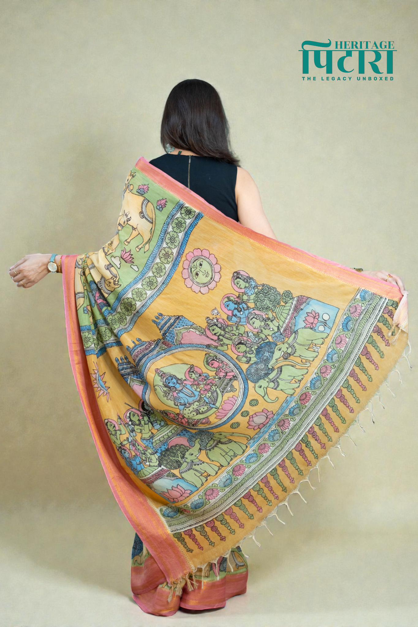 Hand-Painted Kalamkari Saree with Pastel Green & Pink Accents