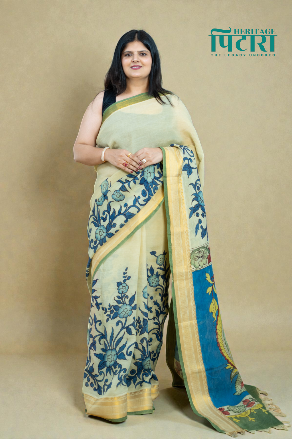 Elegant Beige Kalamkari Saree with Blue Floral Detailing