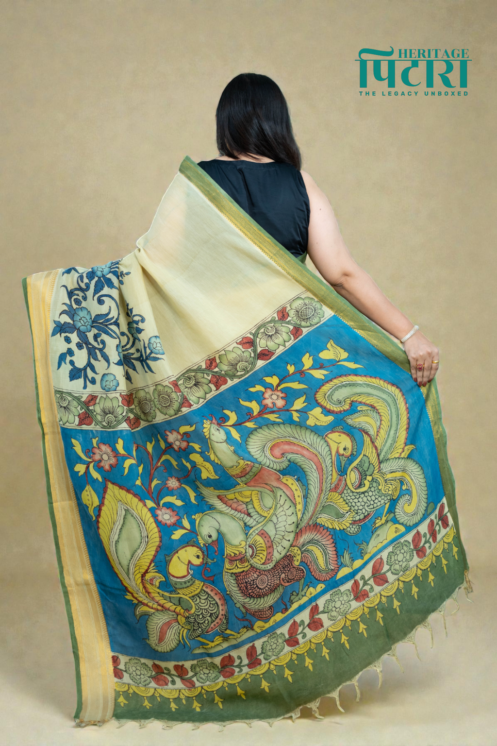 Elegant Beige Kalamkari Saree with Blue Floral Detailing