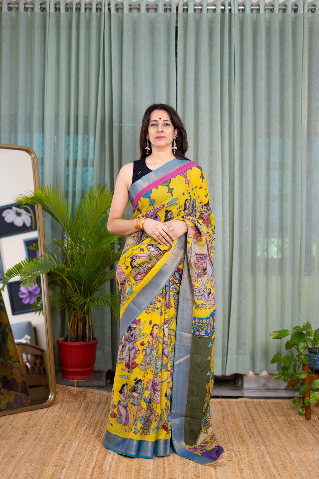 Vibrant Yellow Kalamkari Silk Saree – Mythological Hand-Painted Design