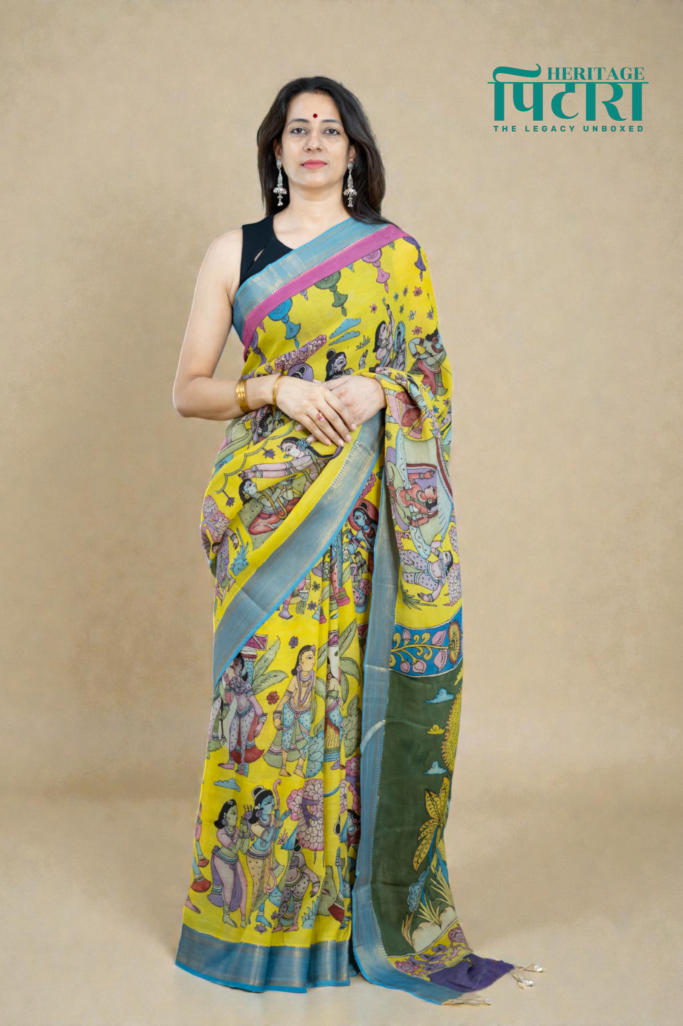 Vibrant Yellow Kalamkari Silk Saree – Mythological Hand-Painted Design