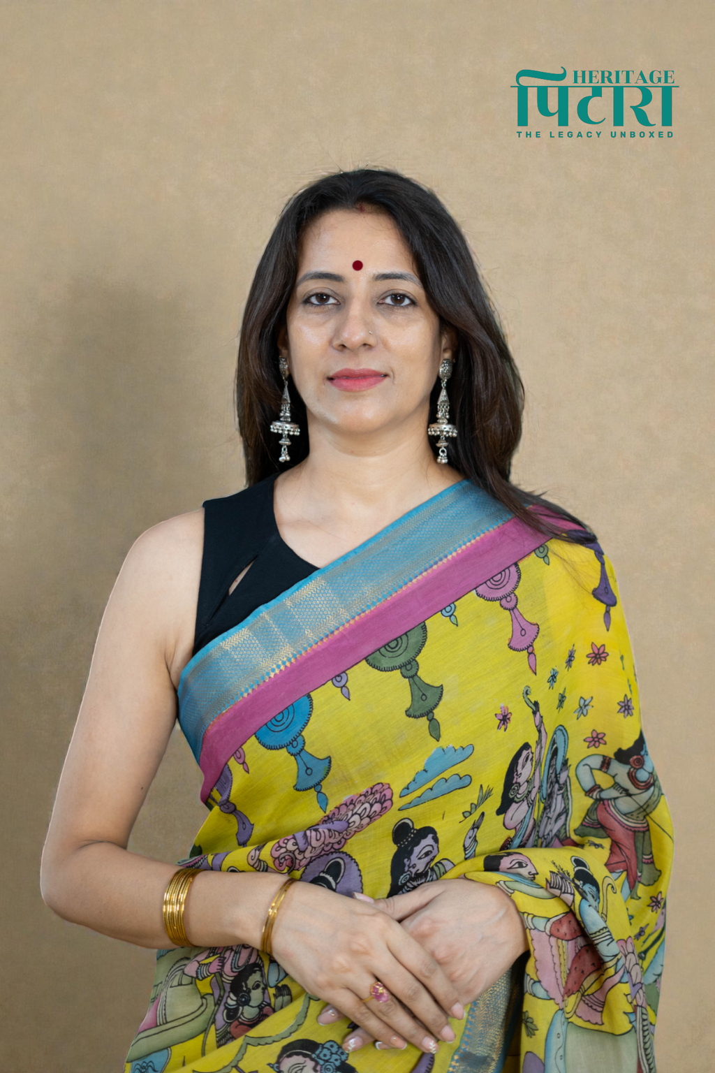 Vibrant Yellow Kalamkari Silk Saree – Mythological Hand-Painted Design