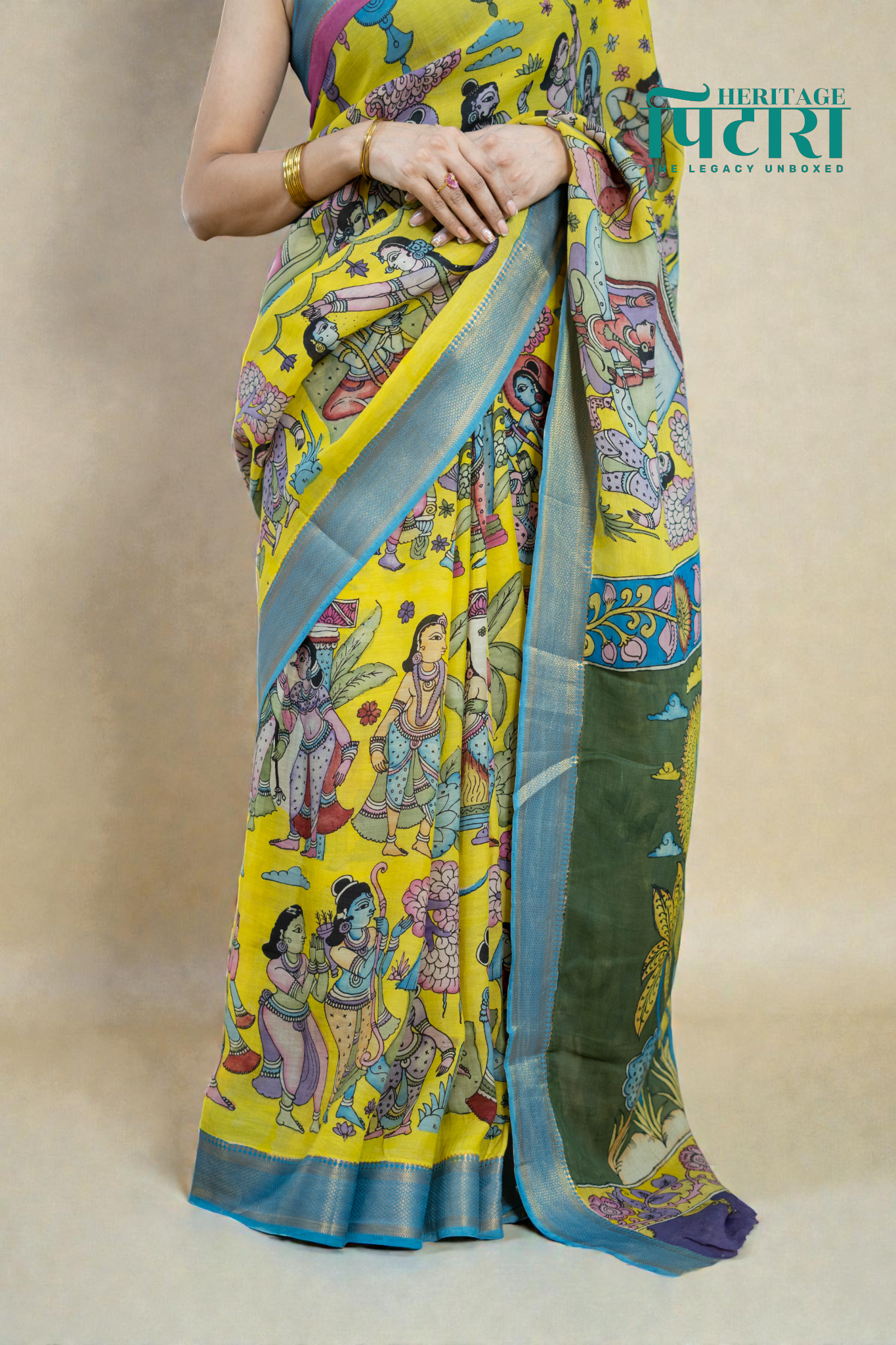 Vibrant Yellow Kalamkari Silk Saree – Mythological Hand-Painted Design