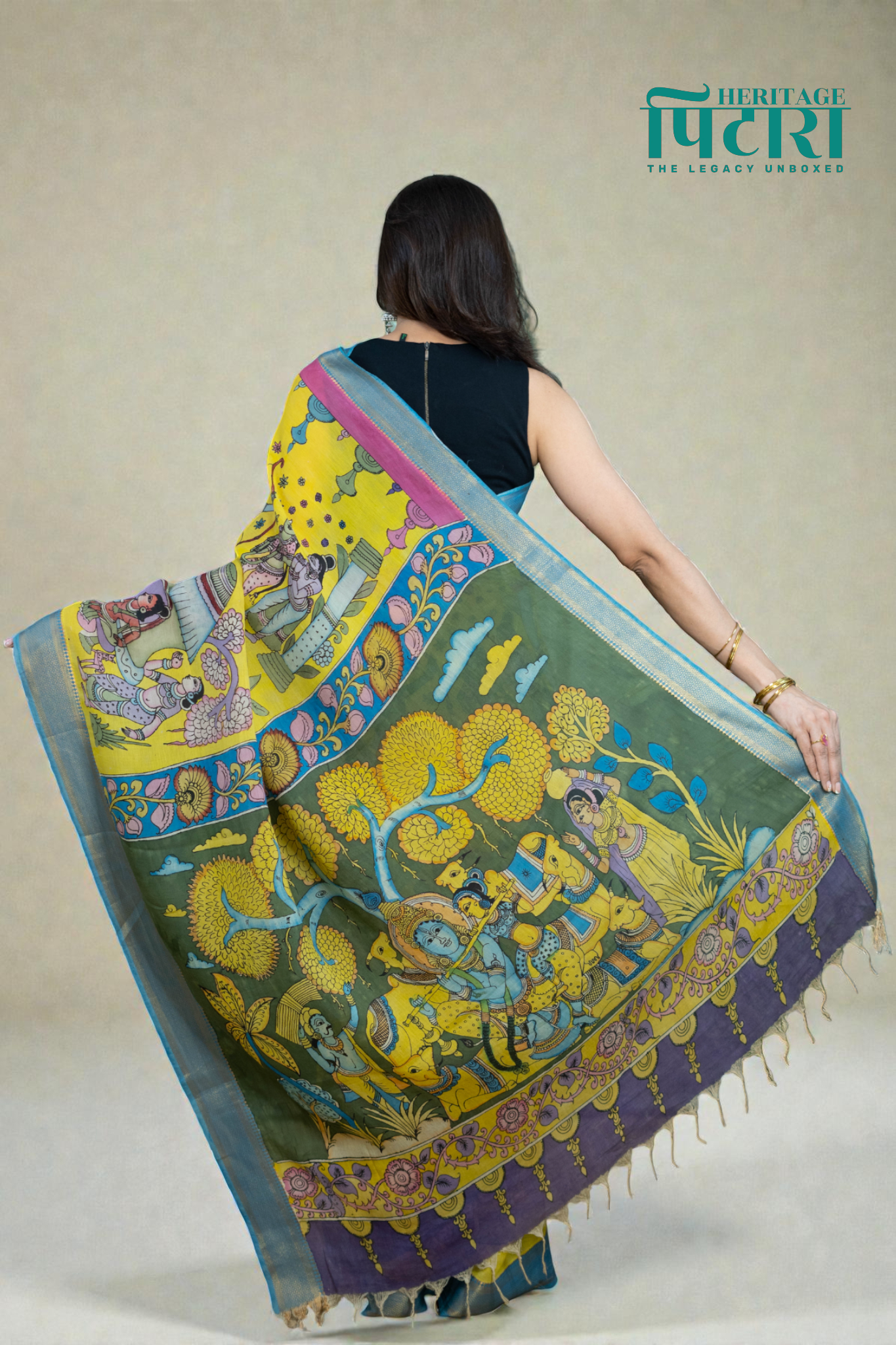 Vibrant Yellow Kalamkari Silk Saree – Mythological Hand-Painted Design