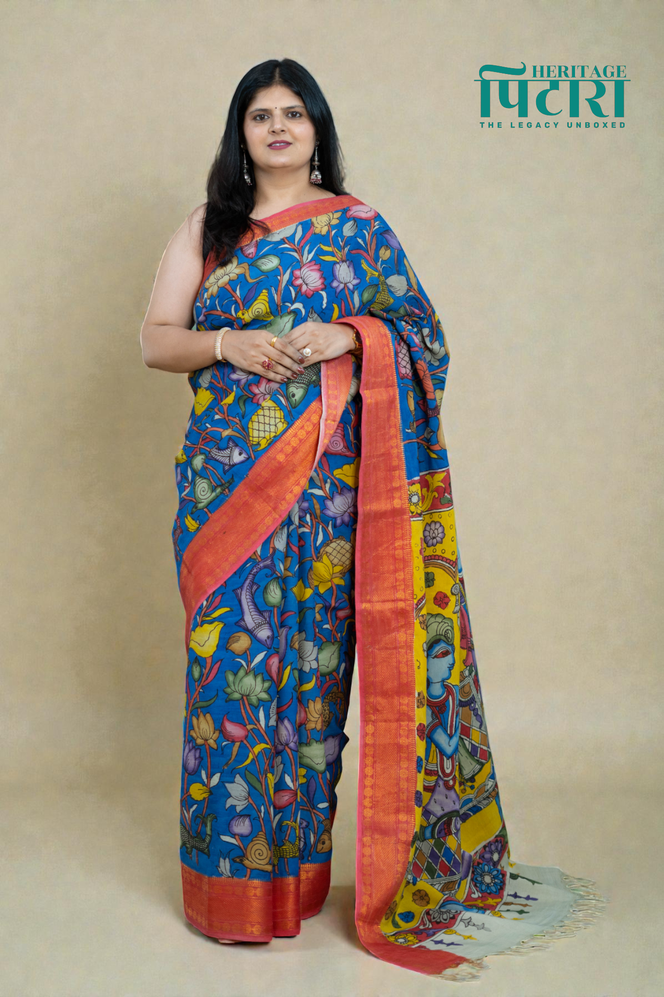 Royal Blue Kalamkari Saree with Vibrant Red Border