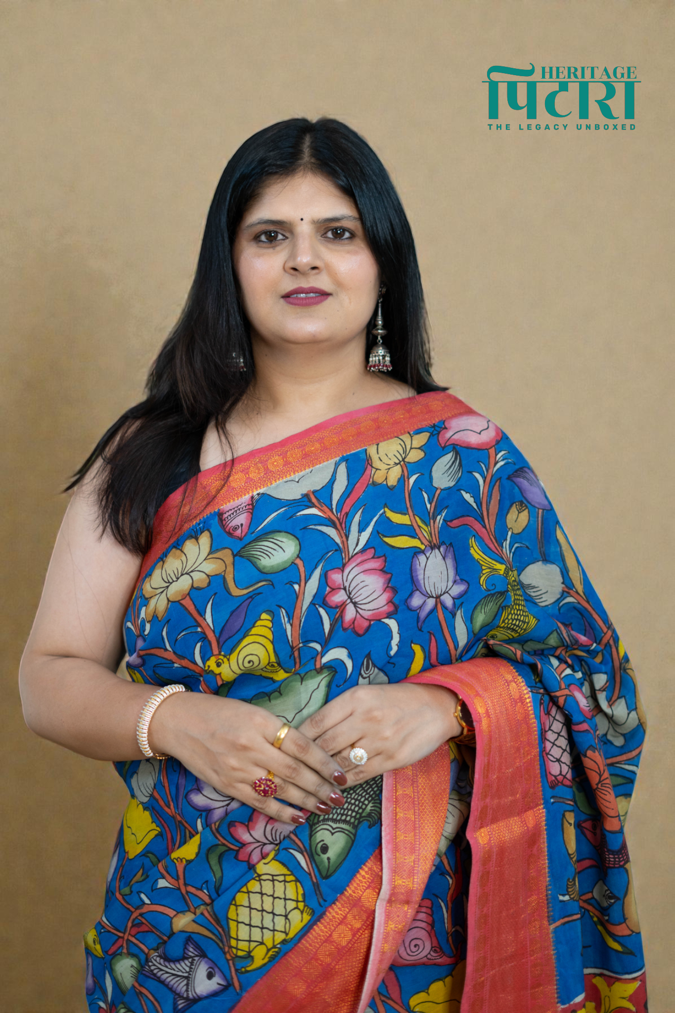 Royal Blue Kalamkari Saree with Vibrant Red Border