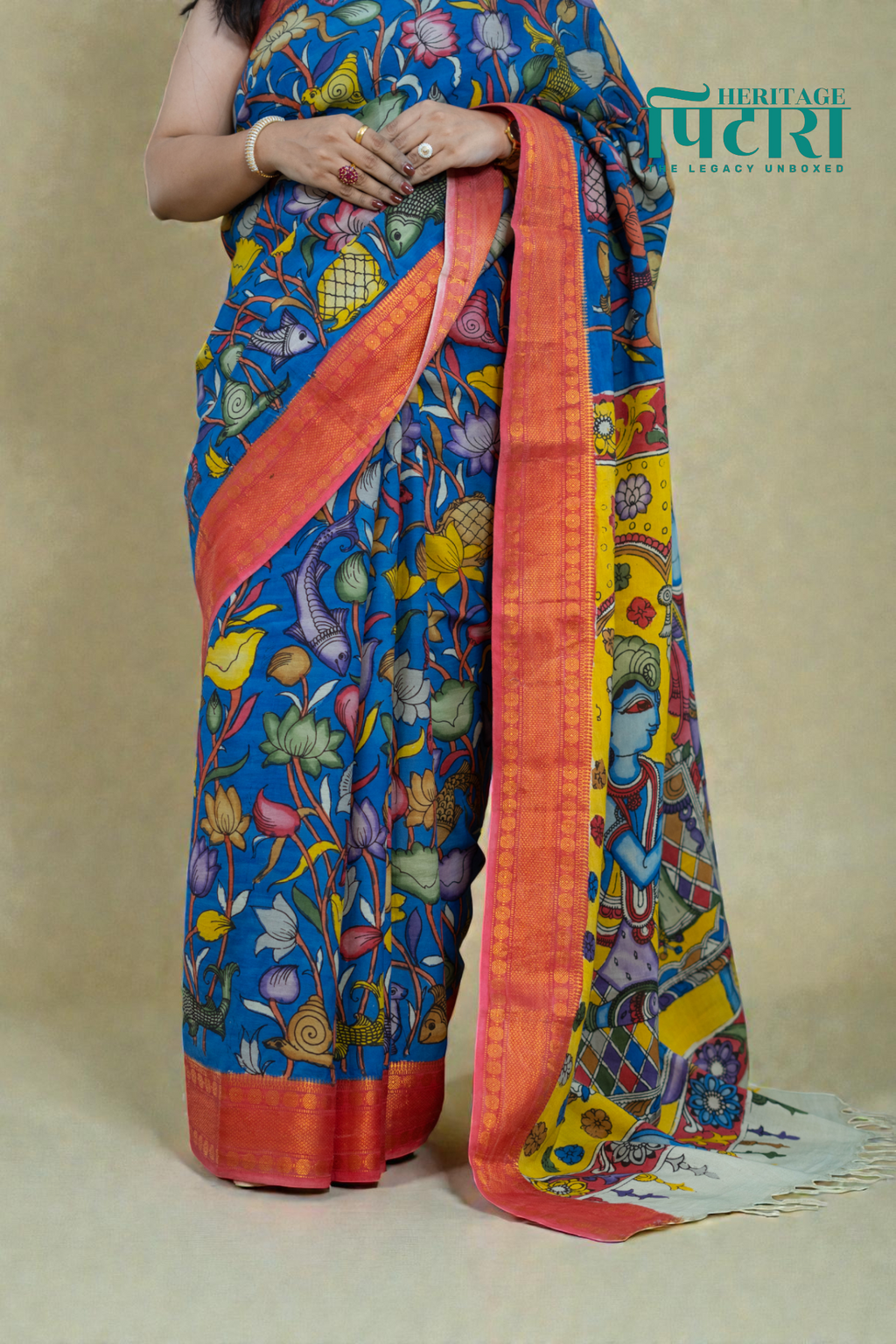 Royal Blue Kalamkari Saree with Vibrant Red Border