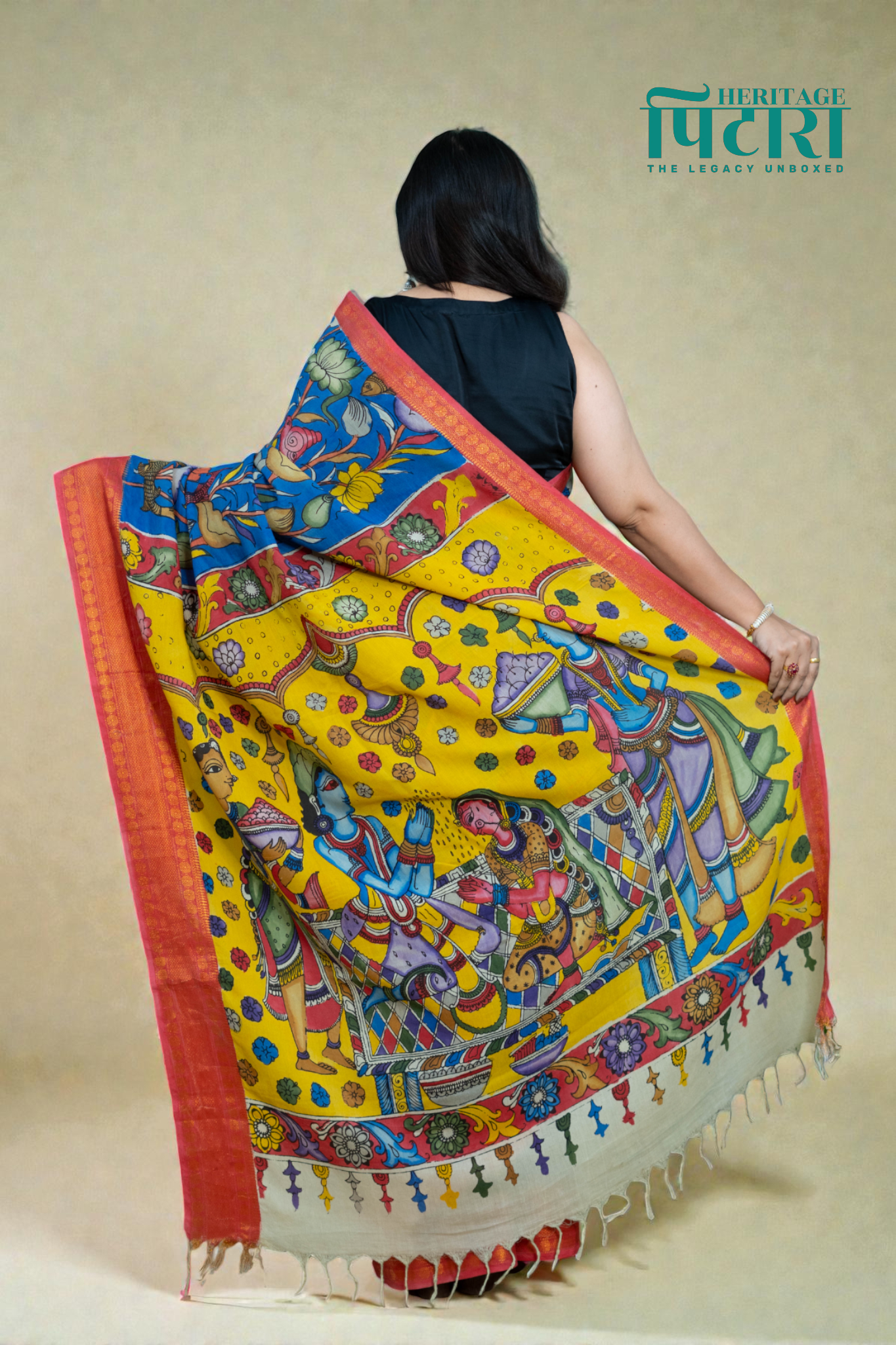 Royal Blue Kalamkari Saree with Vibrant Red Border