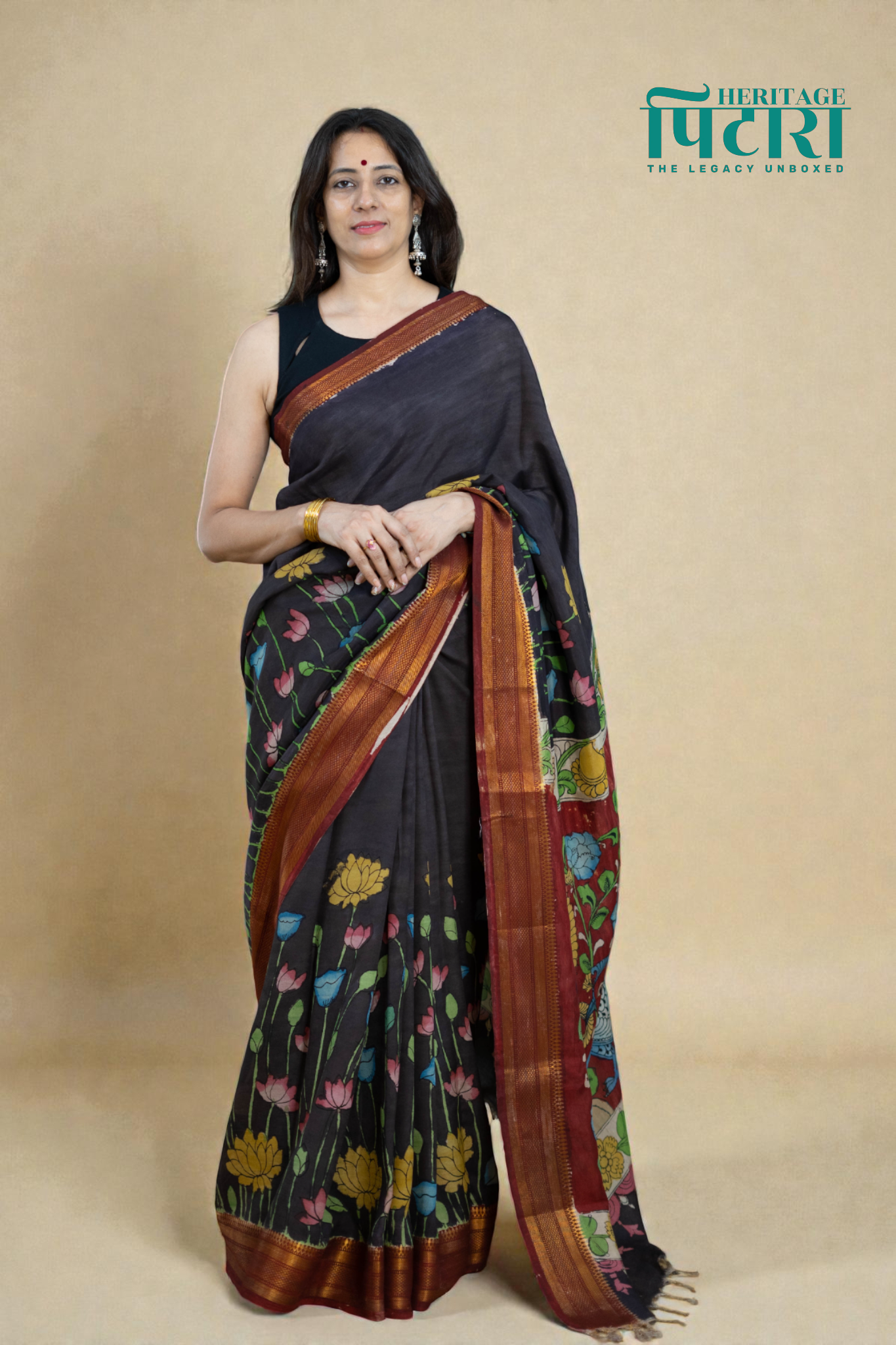 Elegant Black Kalamkari Silk Saree – Floral Hand-Painted Design