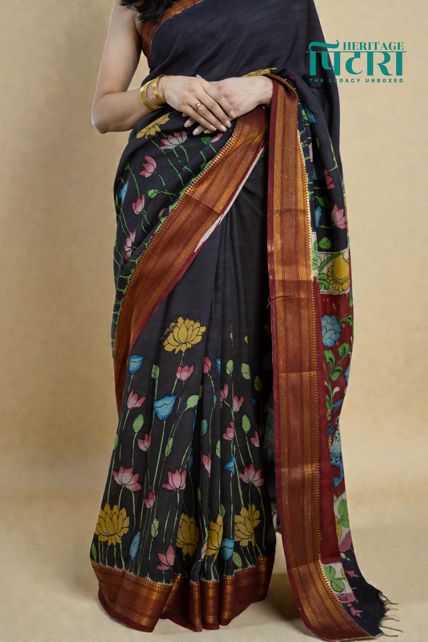 Elegant Black Kalamkari Silk Saree – Floral Hand-Painted Design