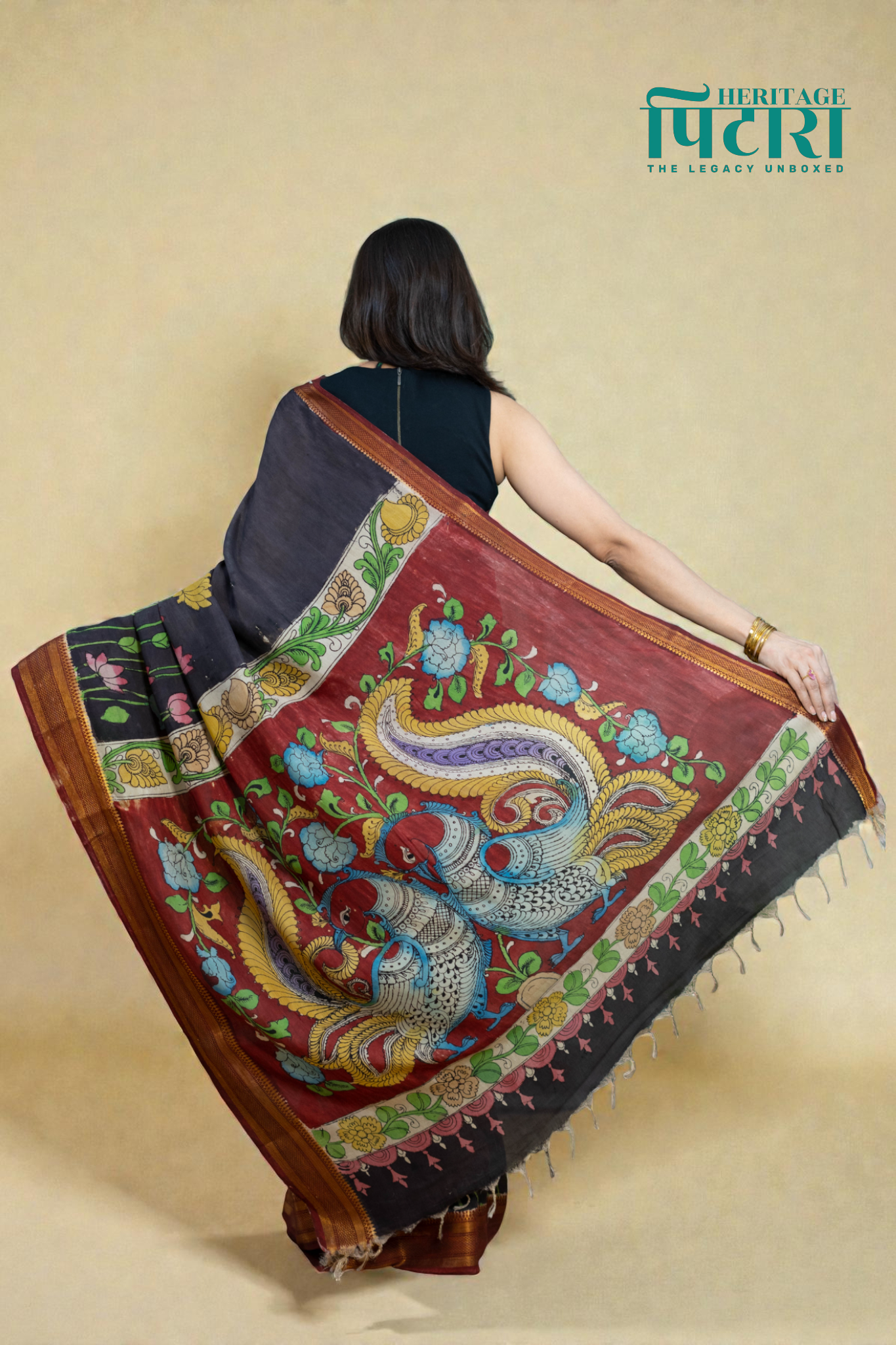 Elegant Black Kalamkari Silk Saree – Floral Hand-Painted Design