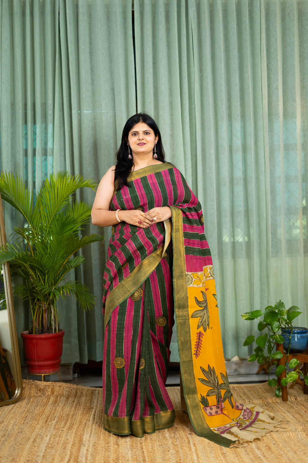 Striped Kalamkari Saree in Maroon & Olive Green