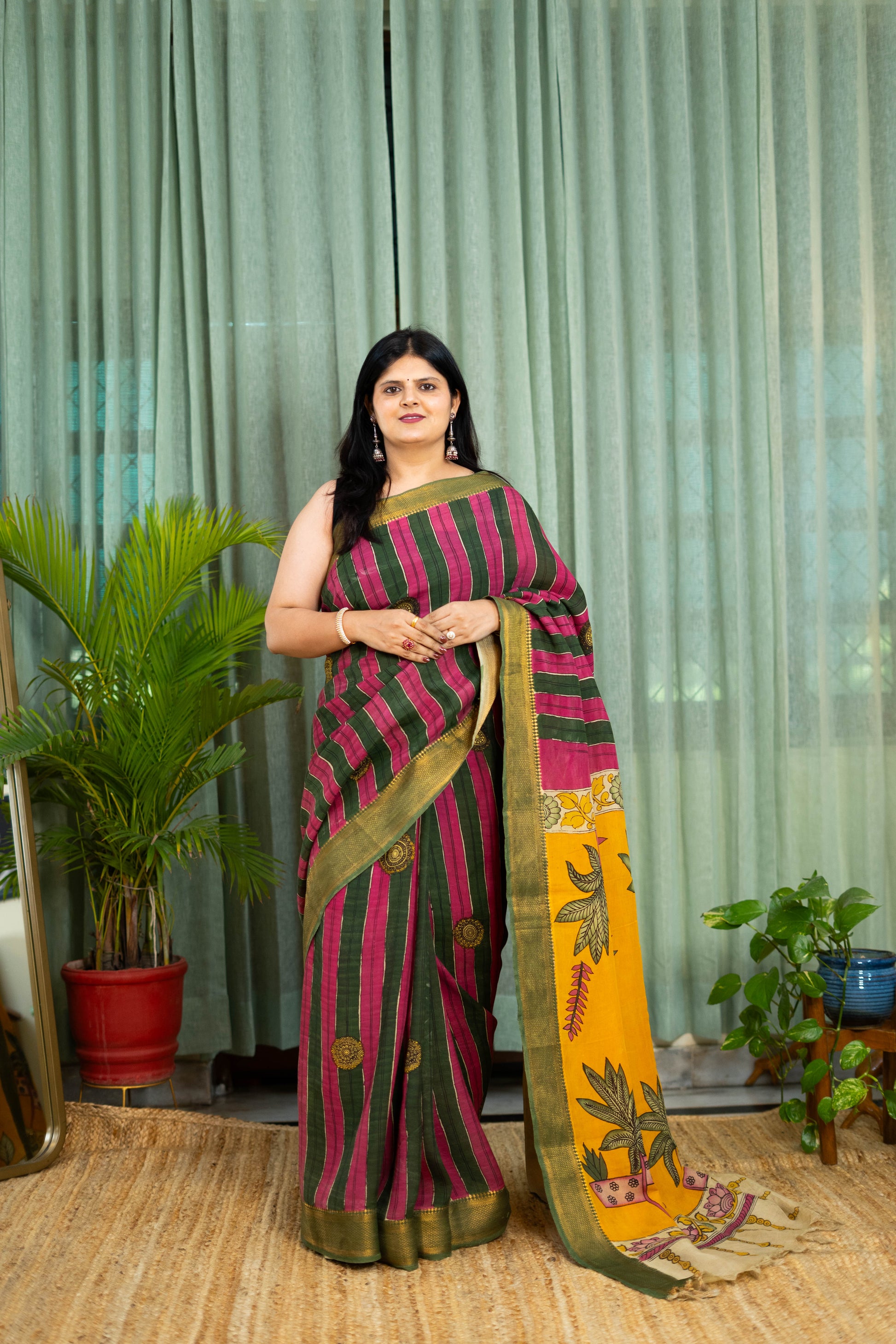 Striped Kalamkari Saree in Maroon & Olive Green