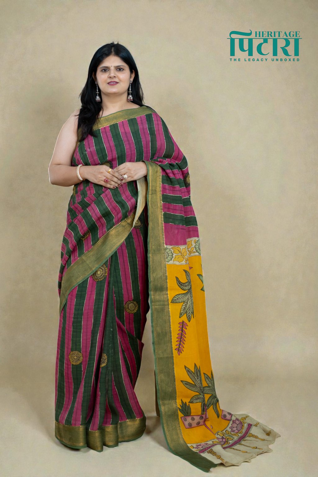 Striped Kalamkari Saree in Maroon & Olive Green