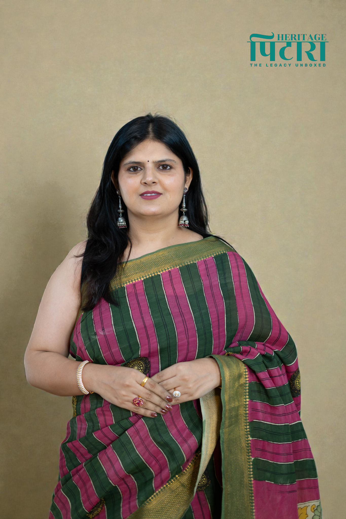 Striped Kalamkari Saree in Maroon & Olive Green