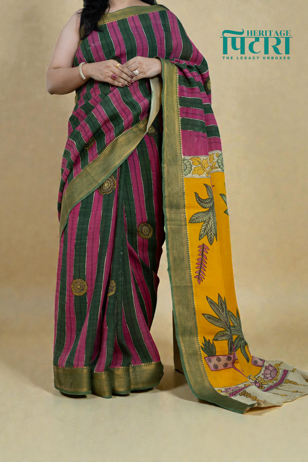Striped Kalamkari Saree in Maroon & Olive Green