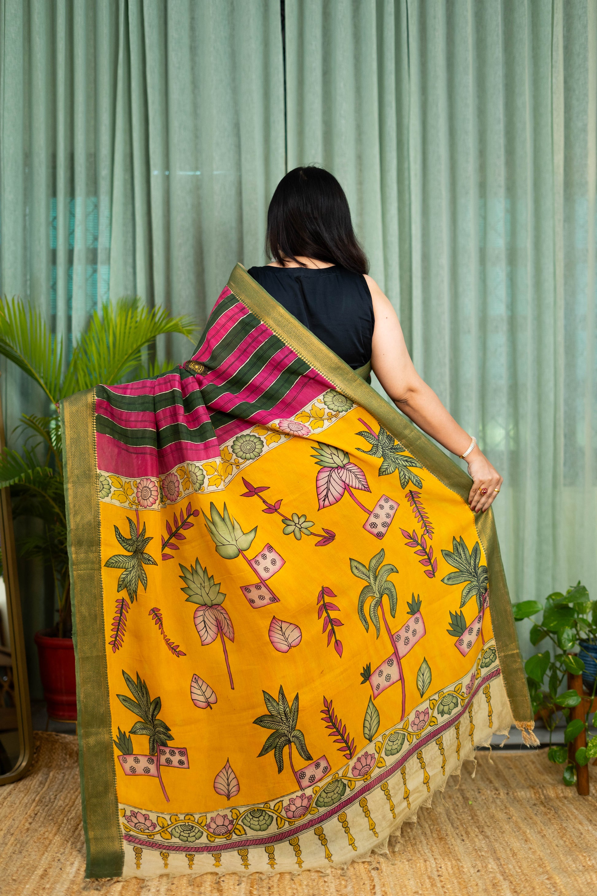 Striped Kalamkari Saree in Maroon & Olive Green