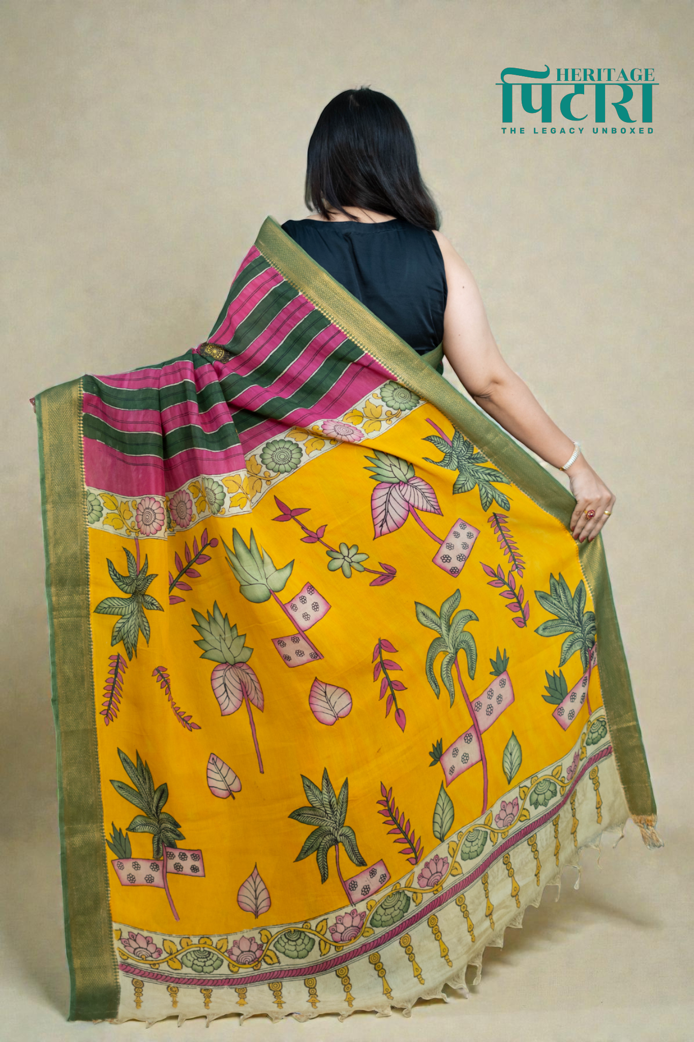 Striped Kalamkari Saree in Maroon & Olive Green