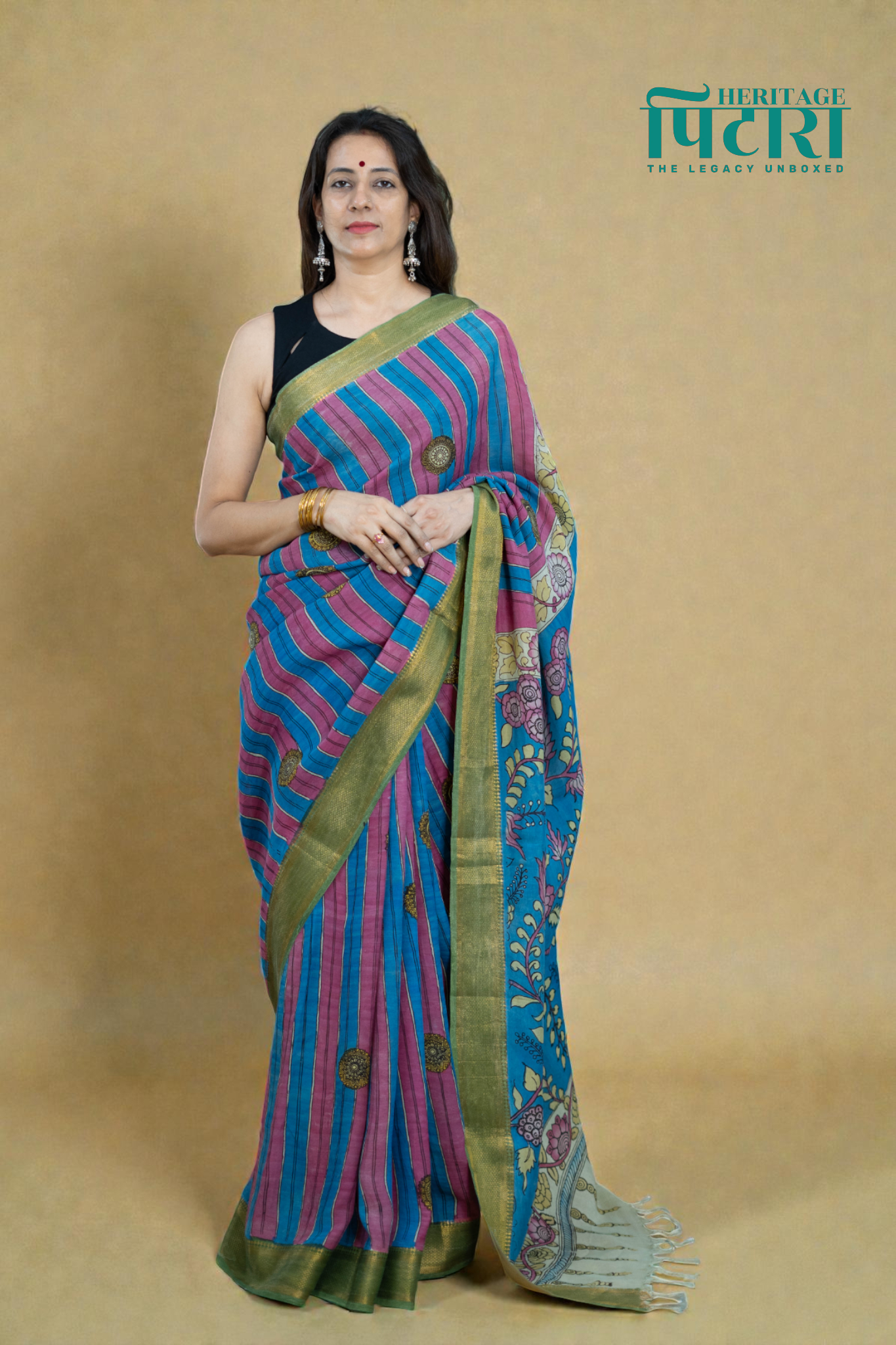 Striped Blue & Pink Kalamkari Silk Saree – Floral Pallu Design