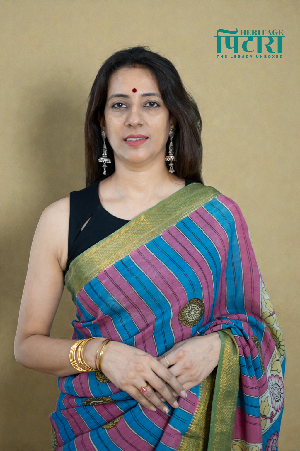 Striped Blue & Pink Kalamkari Silk Saree – Floral Pallu Design