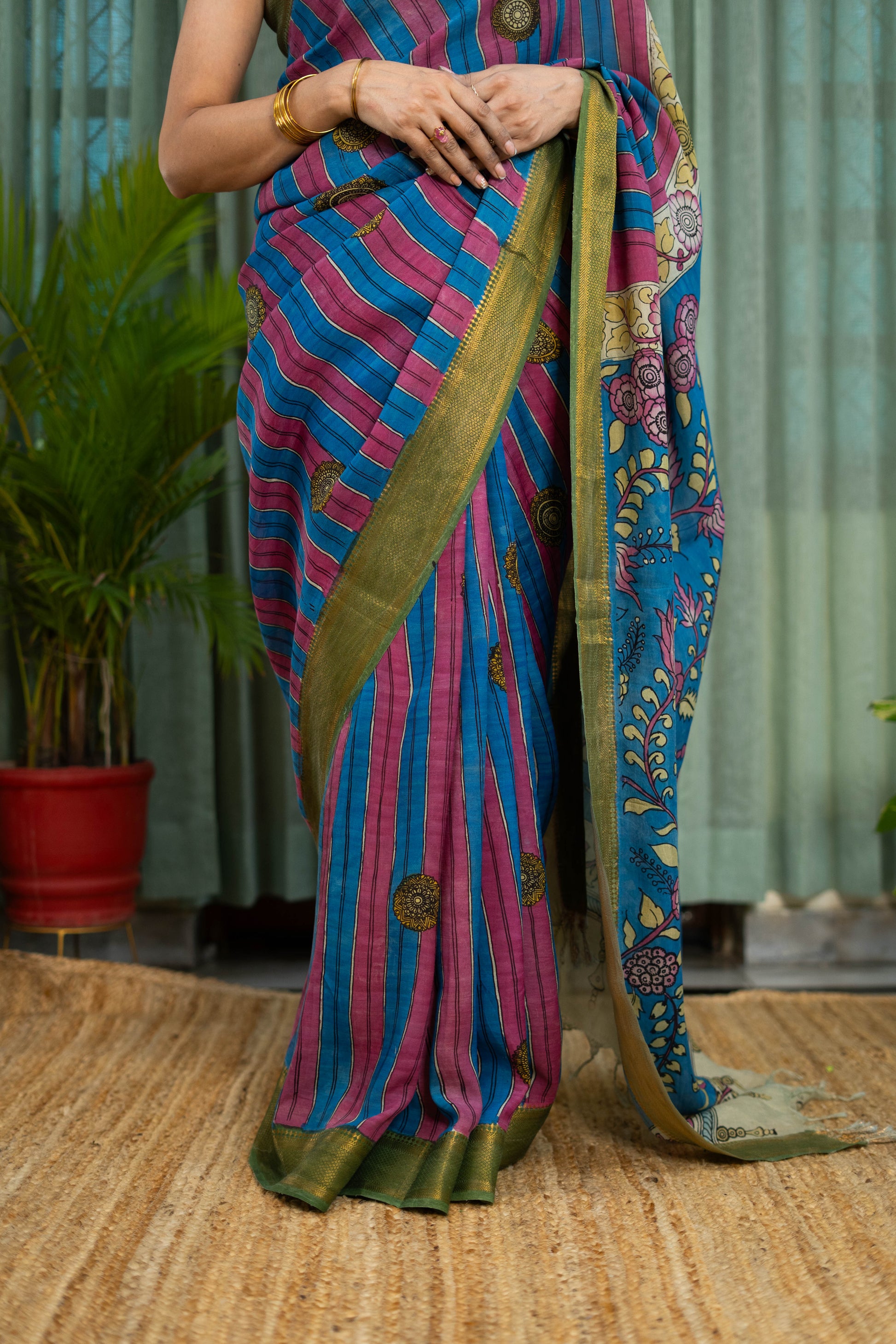 Striped Blue & Pink Kalamkari Silk Saree – Floral Pallu Design