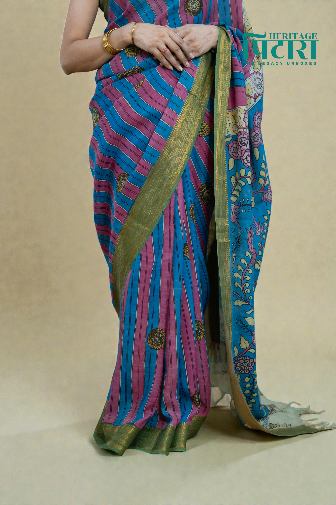 Striped Blue & Pink Kalamkari Silk Saree – Floral Pallu Design