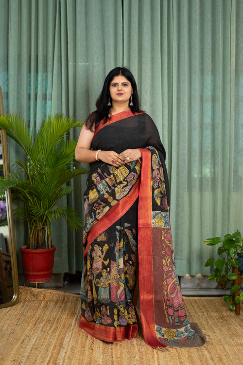Black Kalamkari Silk Saree – Mythological Hand-Painted Art with Rust Border