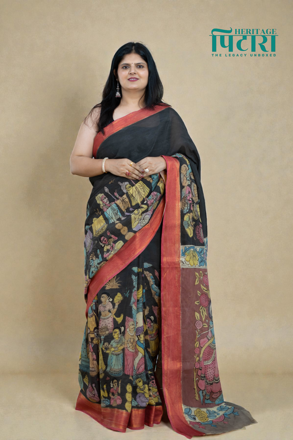 Black Kalamkari Silk Saree – Mythological Hand-Painted Art with Rust Border
