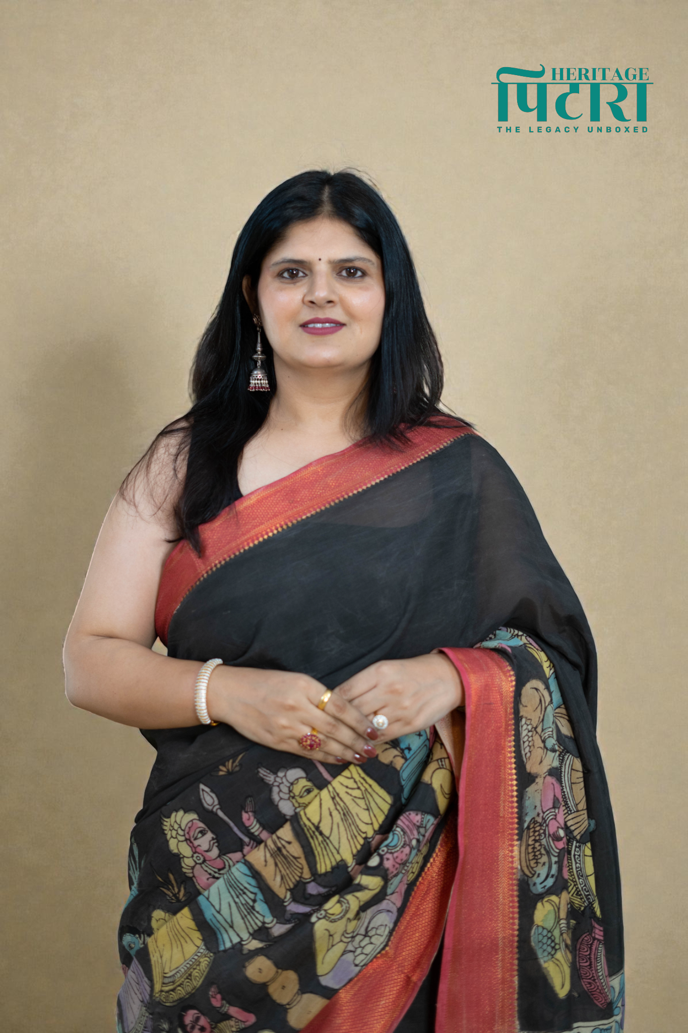 Black Kalamkari Silk Saree – Mythological Hand-Painted Art with Rust Border