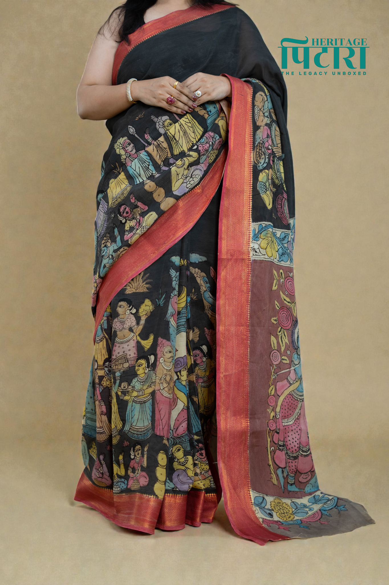 Black Kalamkari Silk Saree – Mythological Hand-Painted Art with Rust Border