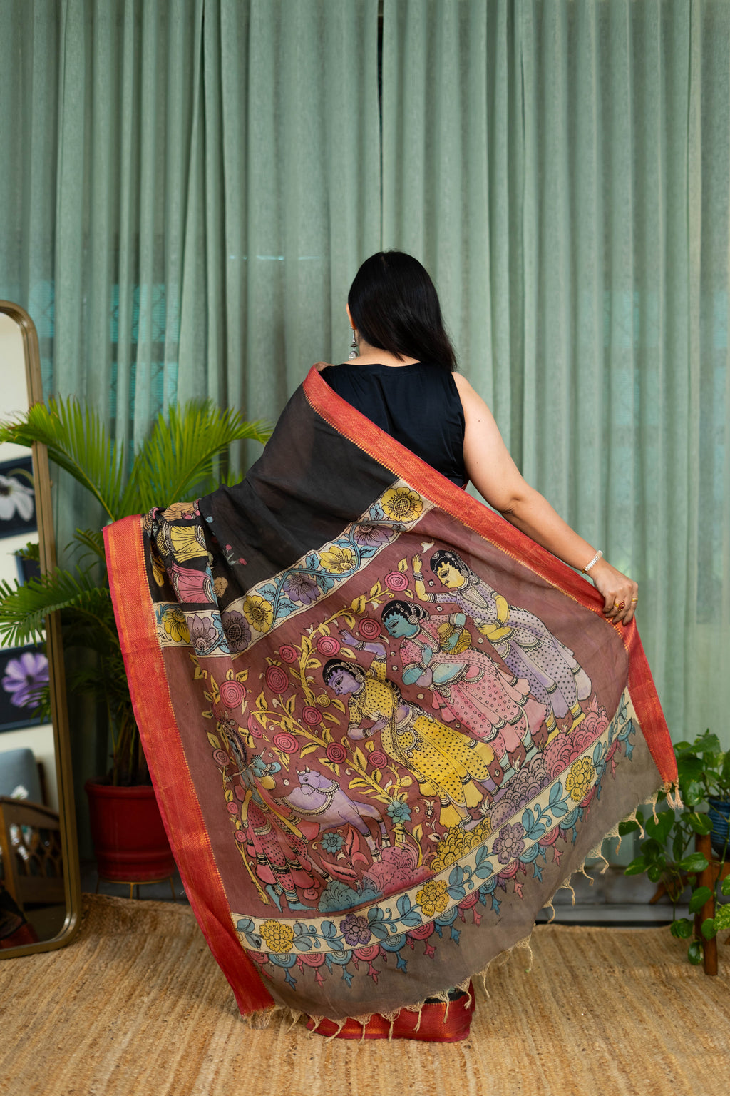 Black Kalamkari Silk Saree – Mythological Hand-Painted Art with Rust Border