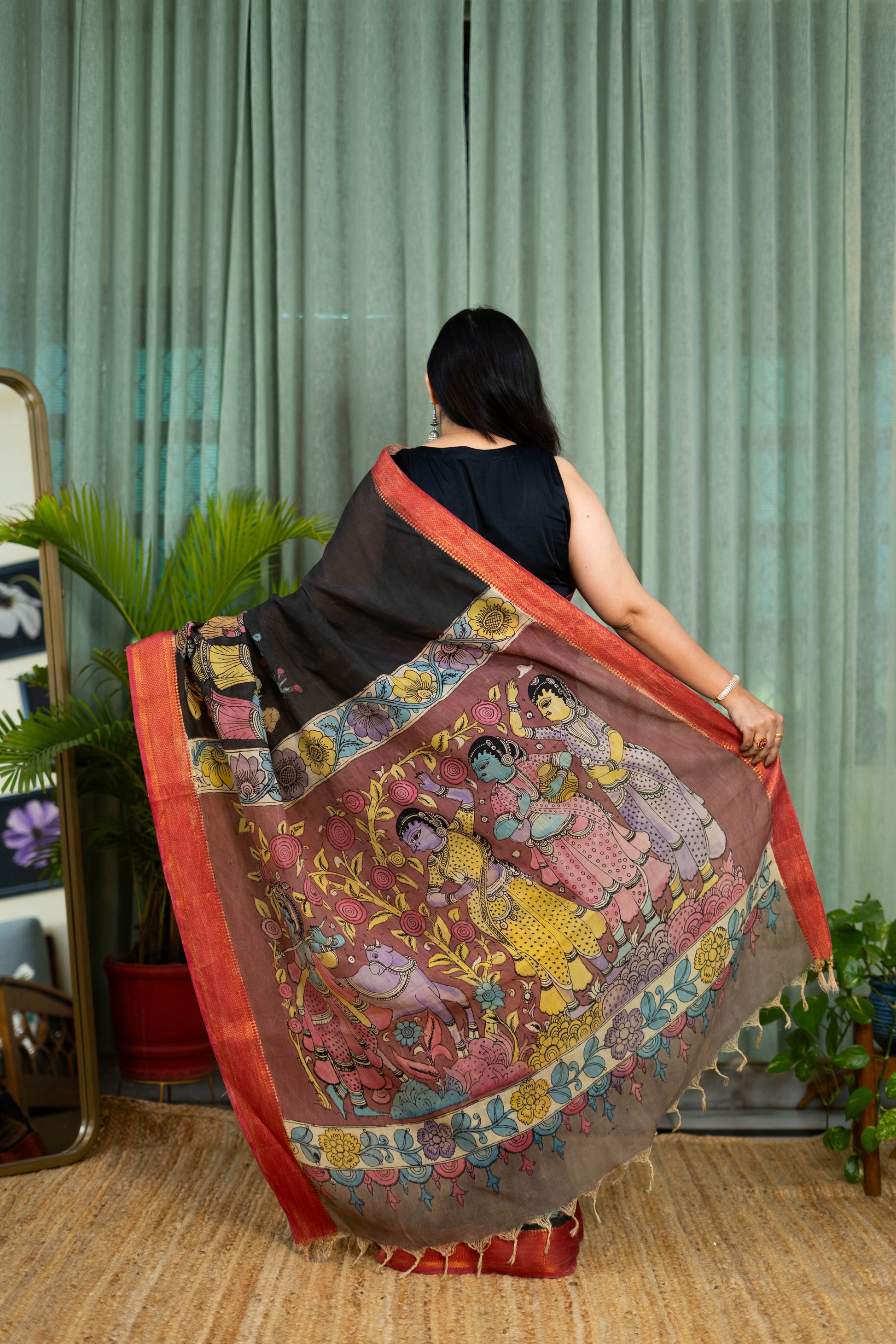 Black Kalamkari Silk Saree – Mythological Hand-Painted Art with Rust Border