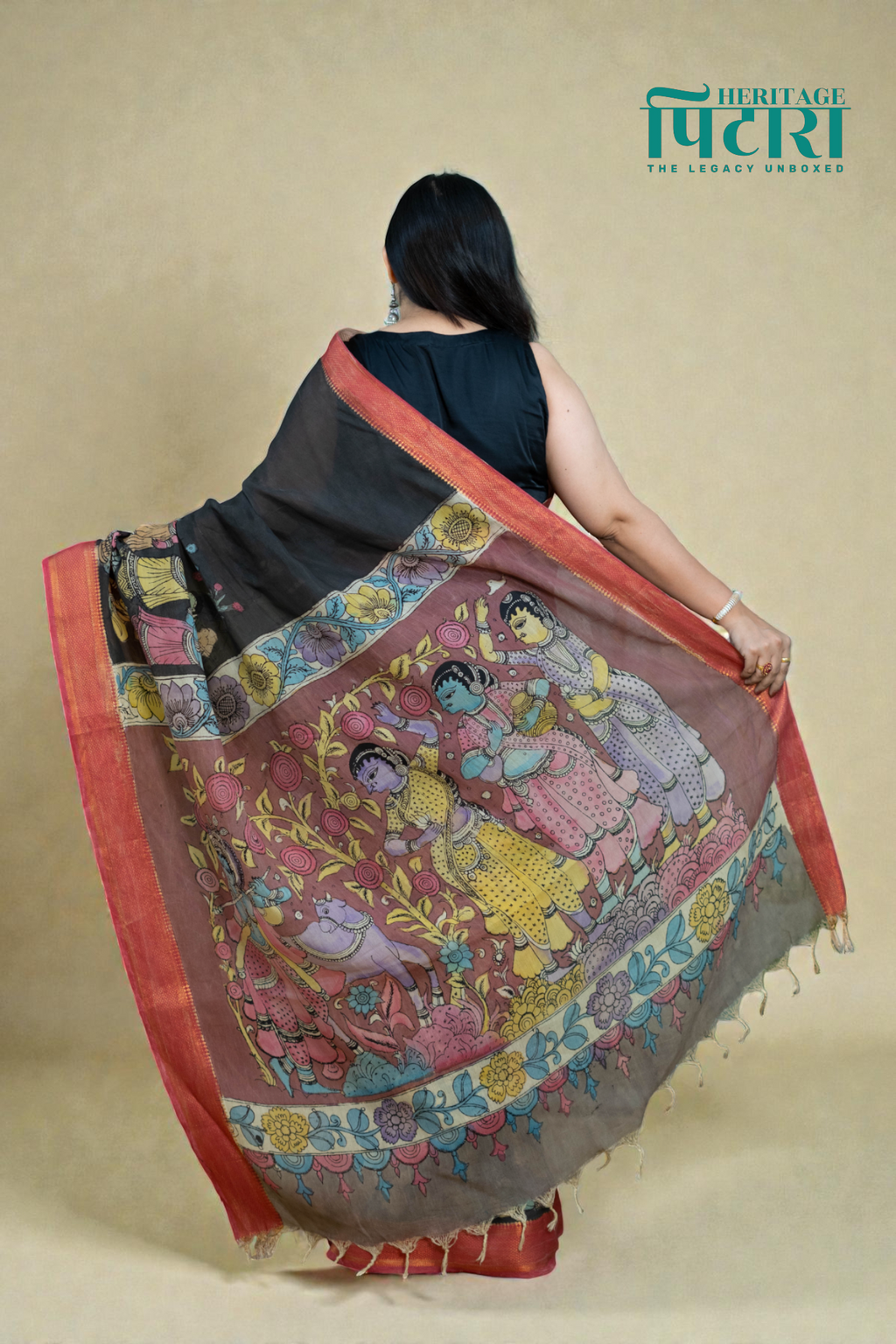 Black Kalamkari Silk Saree – Mythological Hand-Painted Art with Rust Border