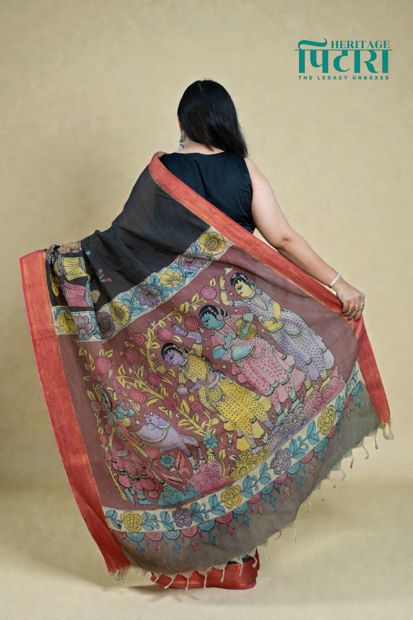 Black Kalamkari Silk Saree – Mythological Hand-Painted Art with Rust Border