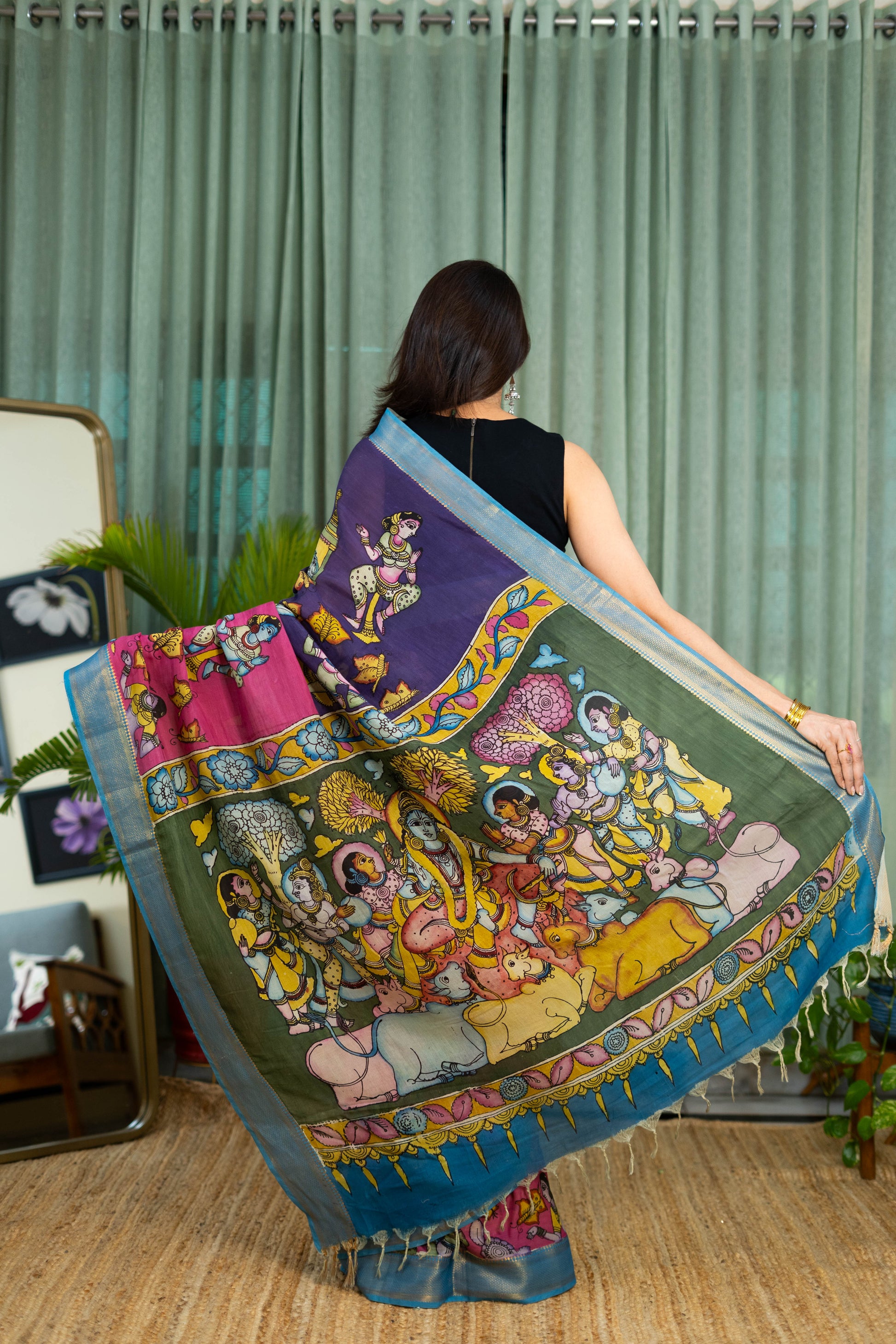 Purple & Pink Kalamkari Magalgiri Saree – Hand-Painted Mythological Art with Blue Border