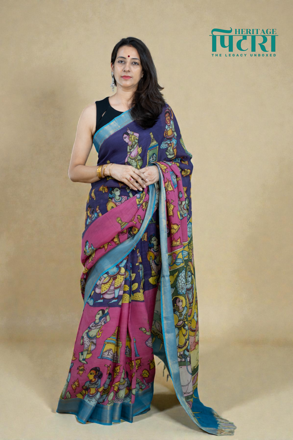 Purple & Pink Kalamkari Magalgiri Saree – Hand-Painted Mythological Art with Blue Border