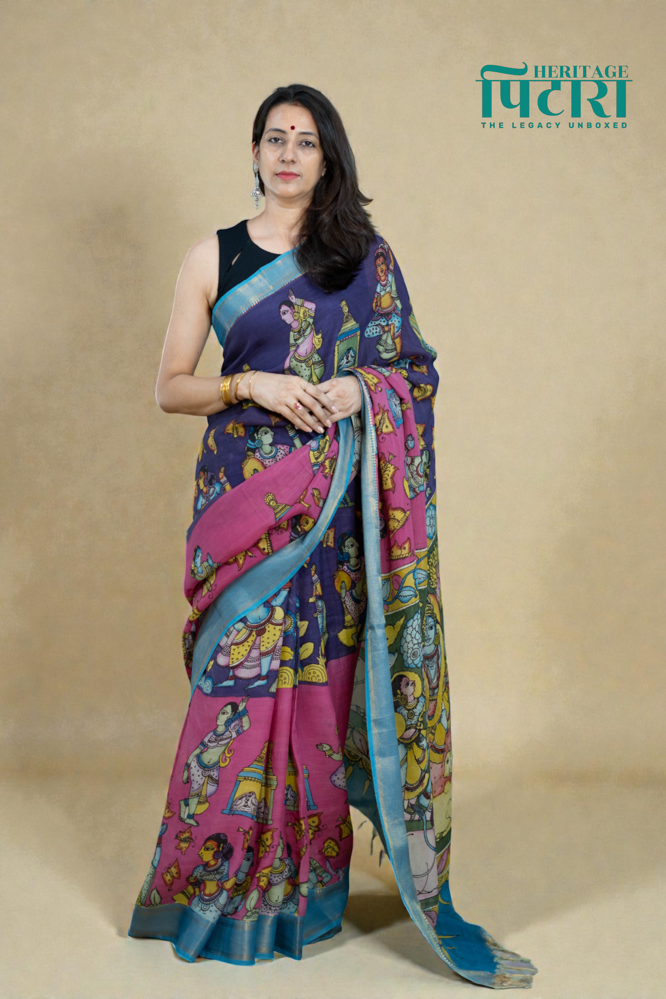 Purple & Pink Kalamkari Magalgiri Saree – Hand-Painted Mythological Art with Blue Border