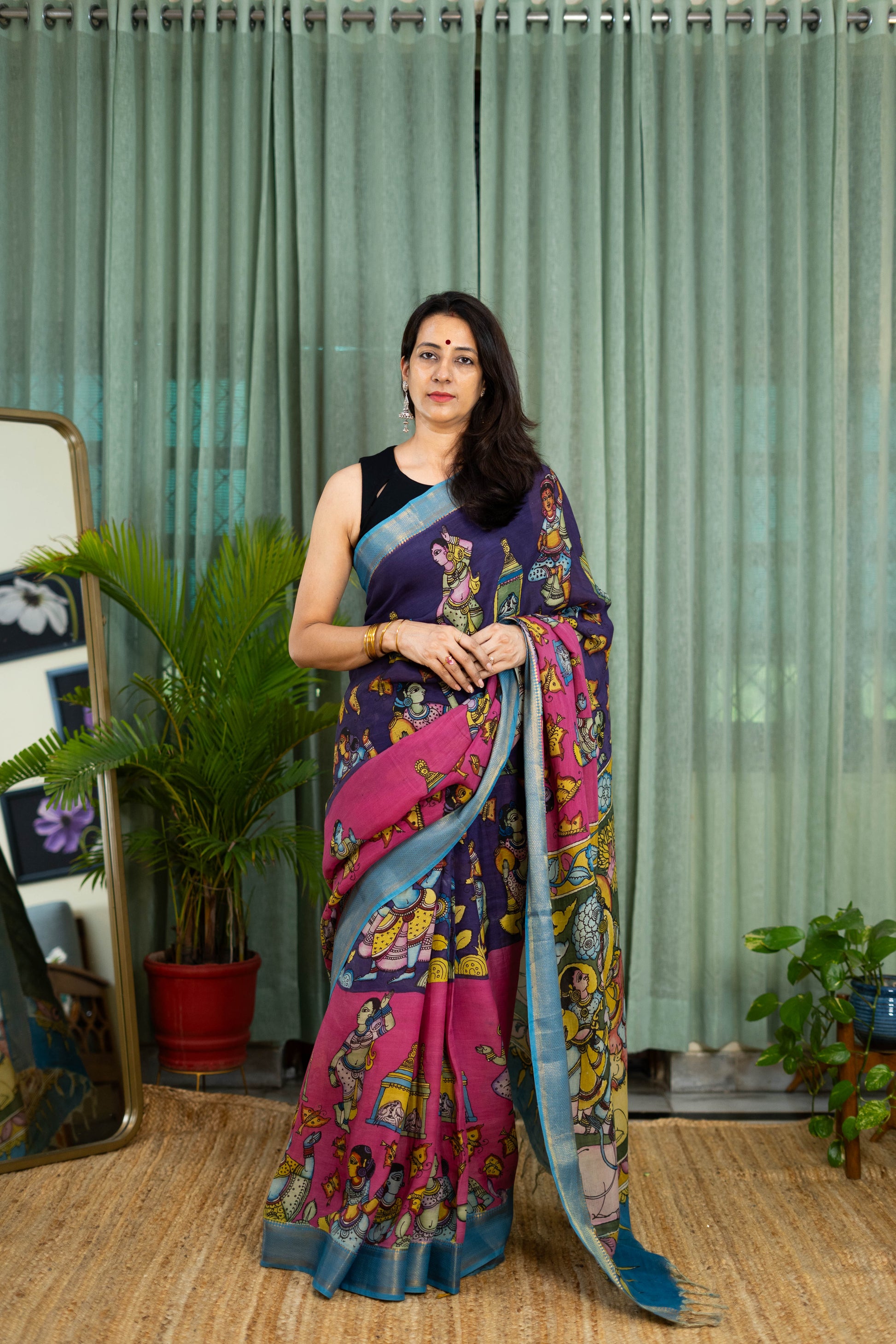 Purple & Pink Kalamkari Magalgiri Saree – Hand-Painted Mythological Art with Blue Border