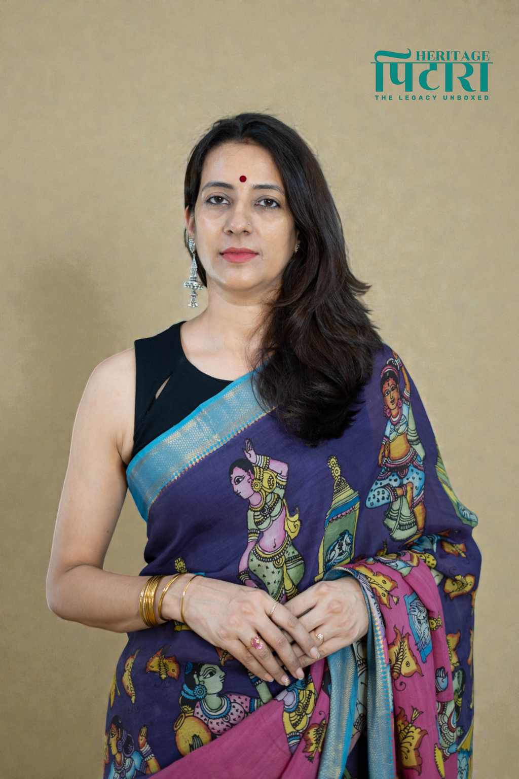 Purple & Pink Kalamkari Magalgiri Saree – Hand-Painted Mythological Art with Blue Border