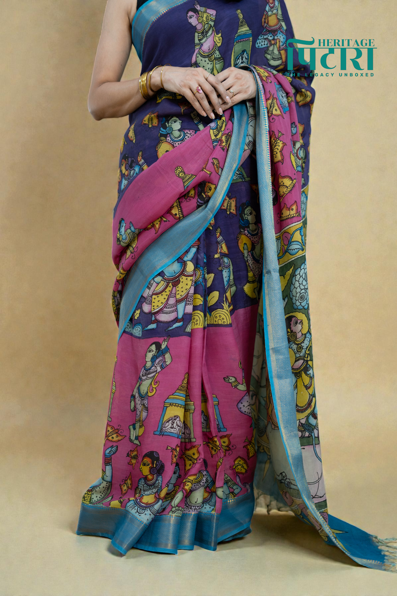 Purple & Pink Kalamkari Magalgiri Saree – Hand-Painted Mythological Art with Blue Border