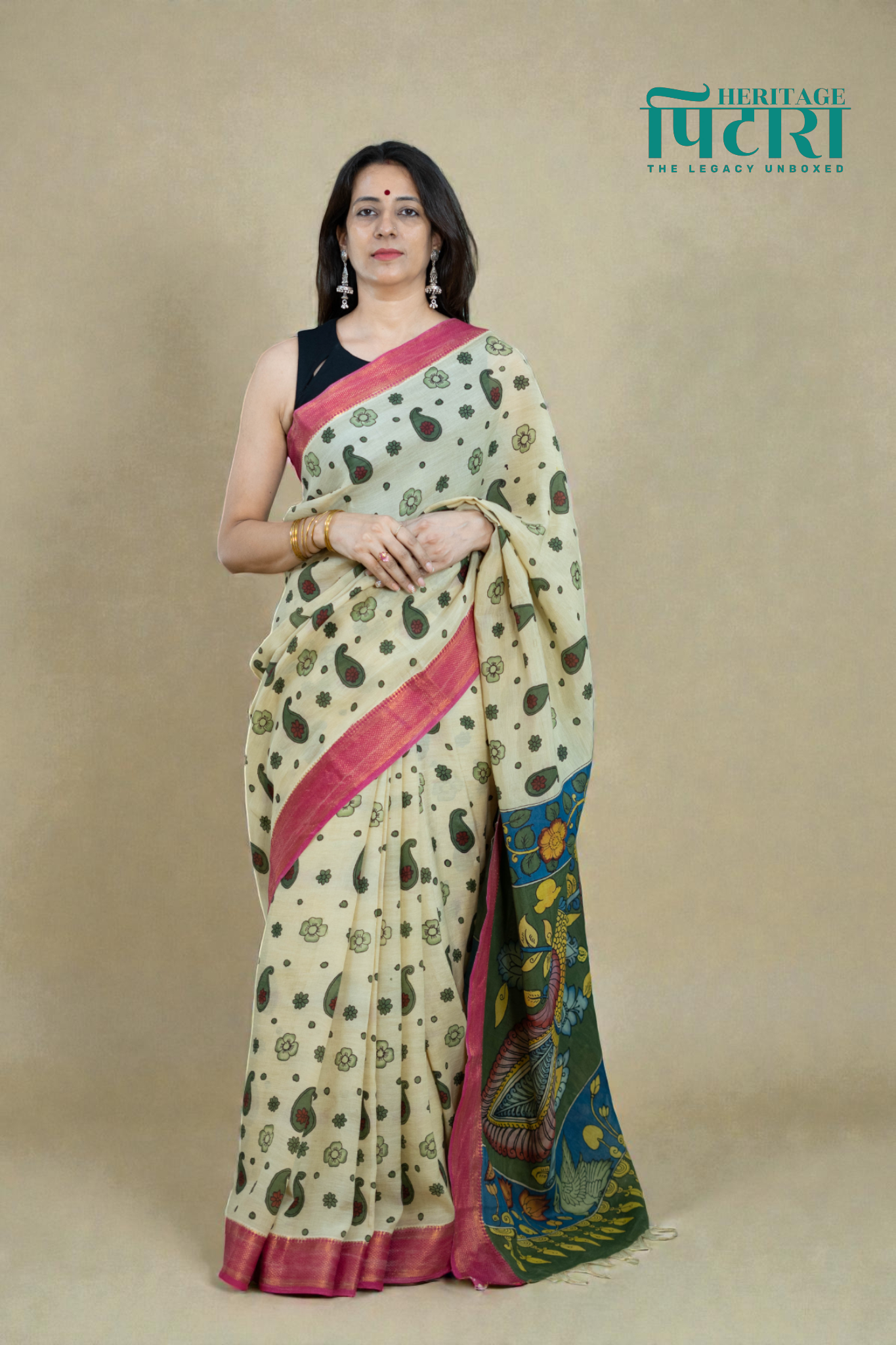 Cream Kalamkari Magalgiri Saree – Paisley Print with Artistic Pallu