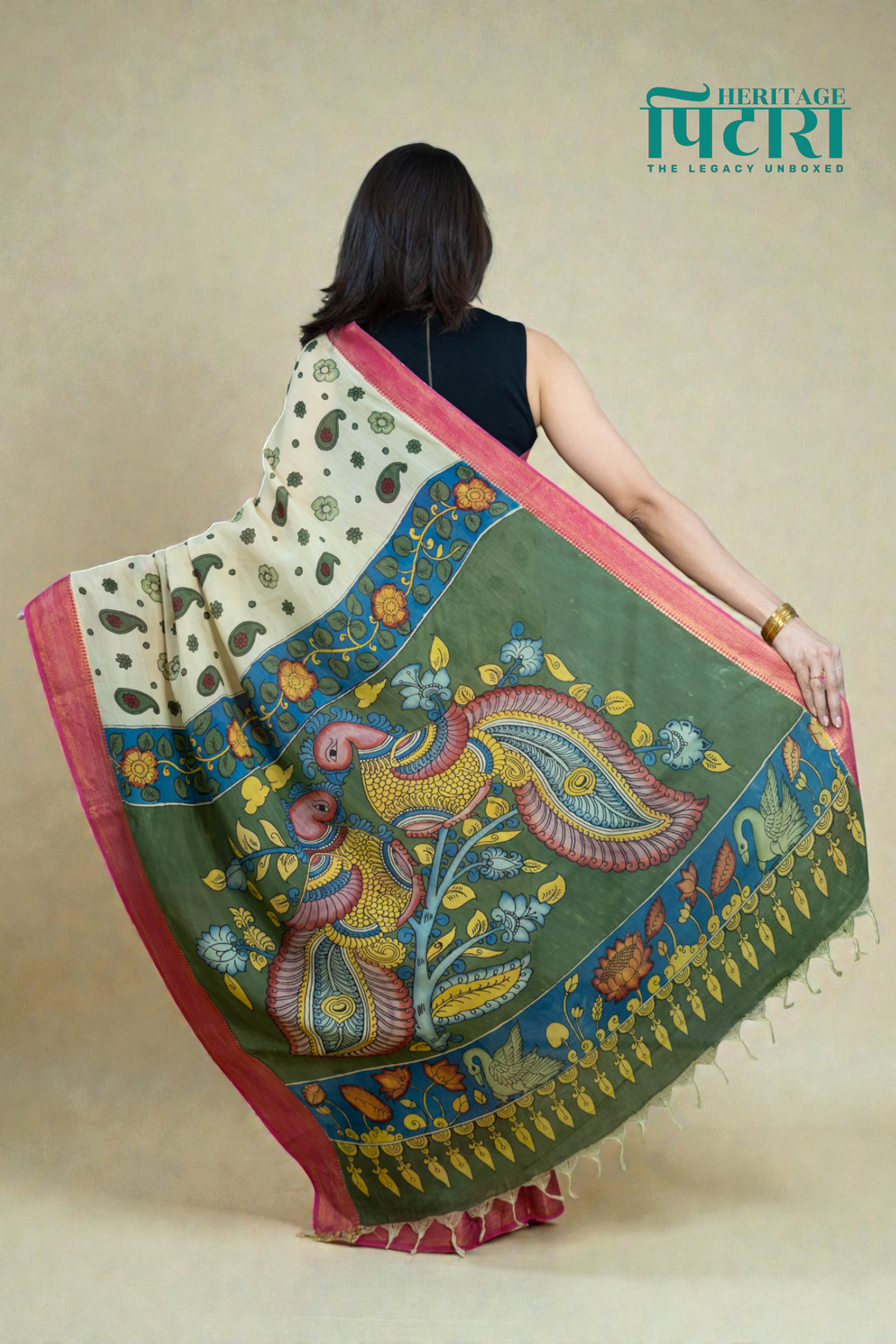 Cream Kalamkari Magalgiri Saree – Paisley Print with Artistic Pallu