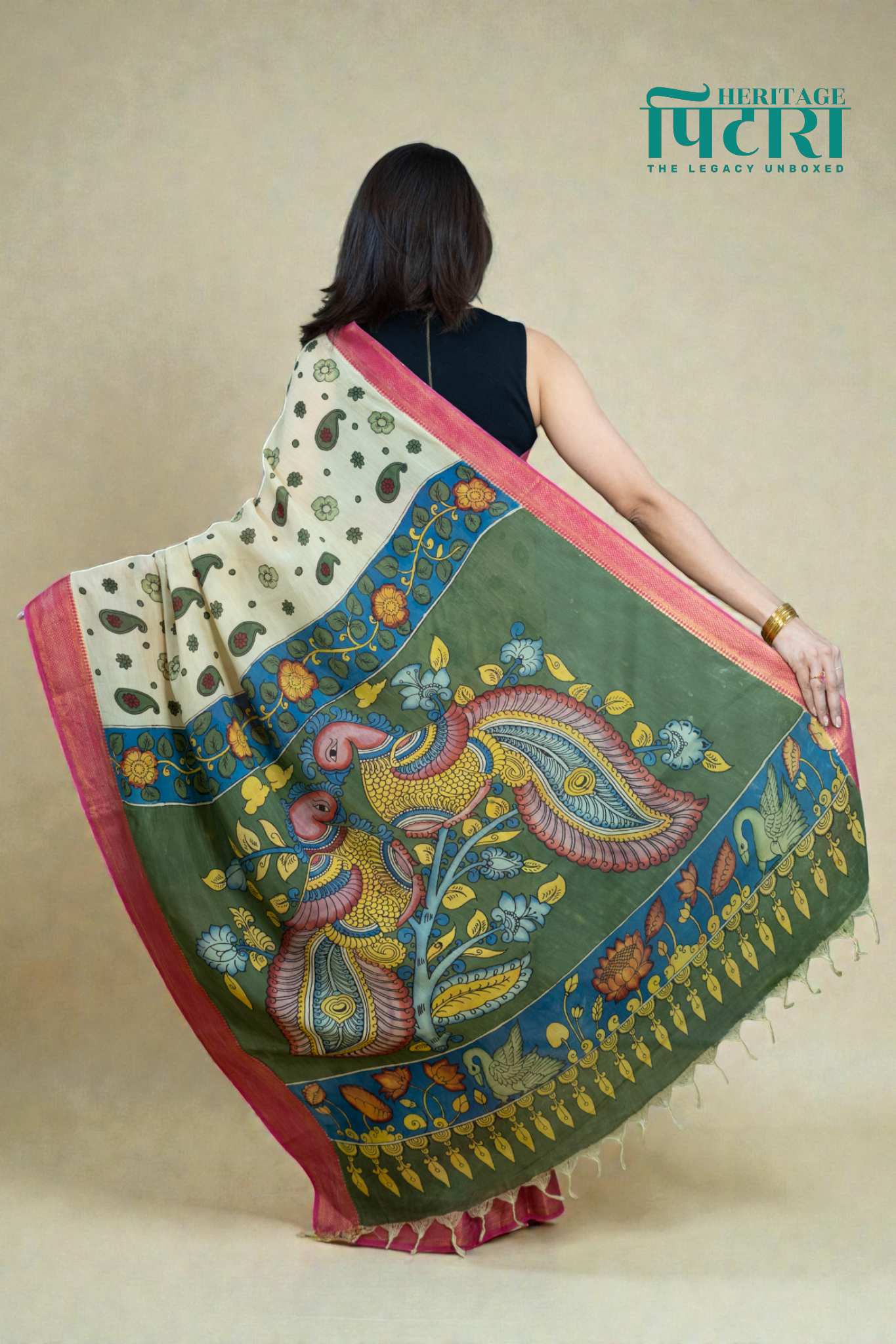 Cream Kalamkari Magalgiri Saree – Paisley Print with Artistic Pallu