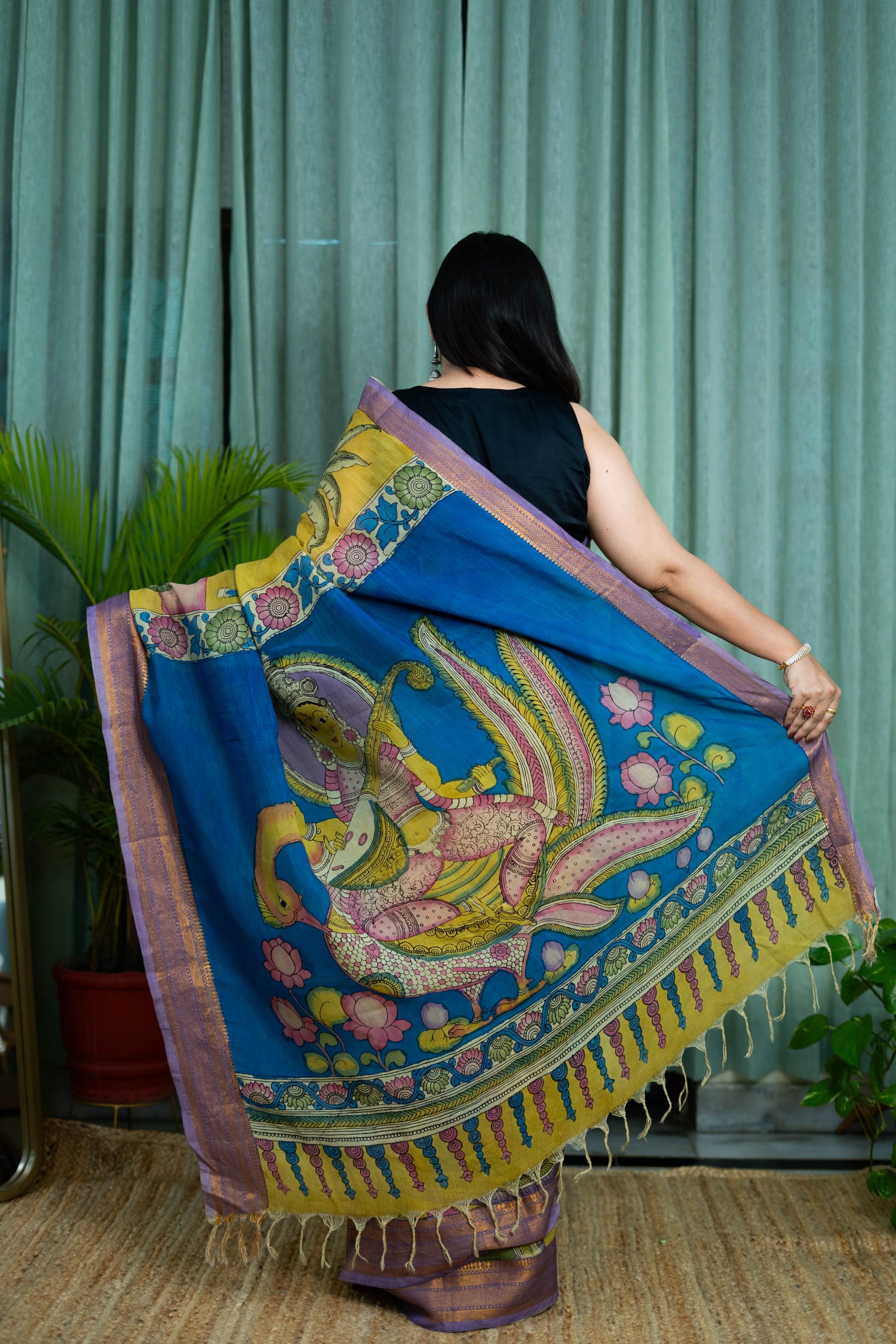 Mustard & Blue Kalamkari Magalgiri Saree – Royal Procession Artwork