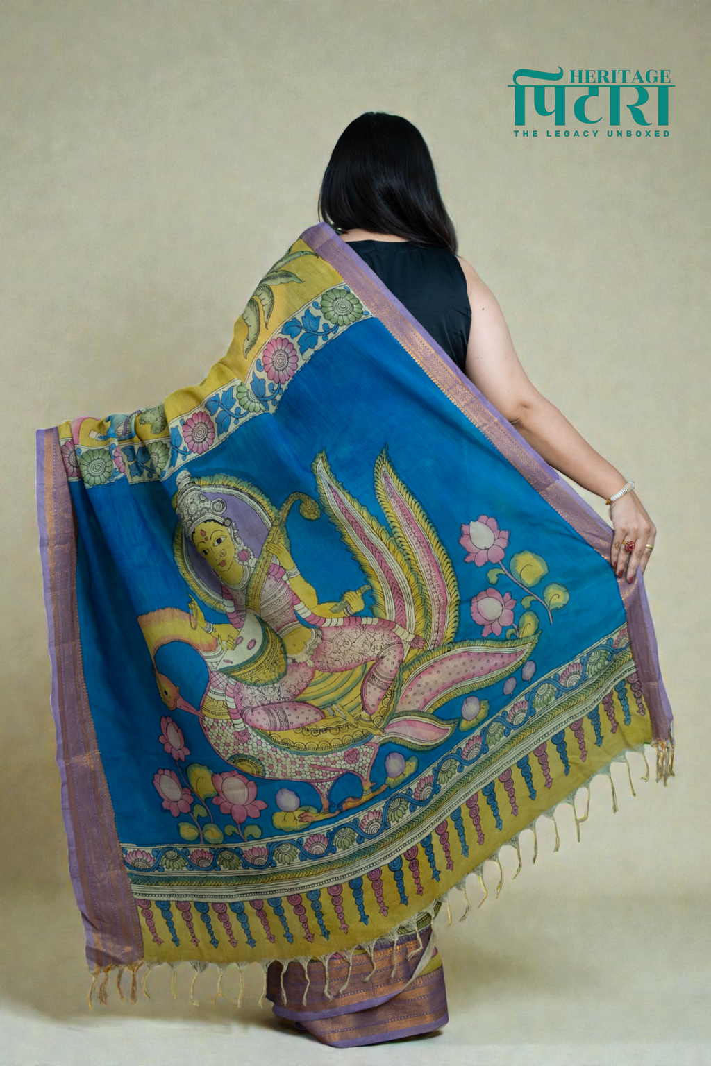 Hand-Painted Kalamkari Saree in Mustard Yellow