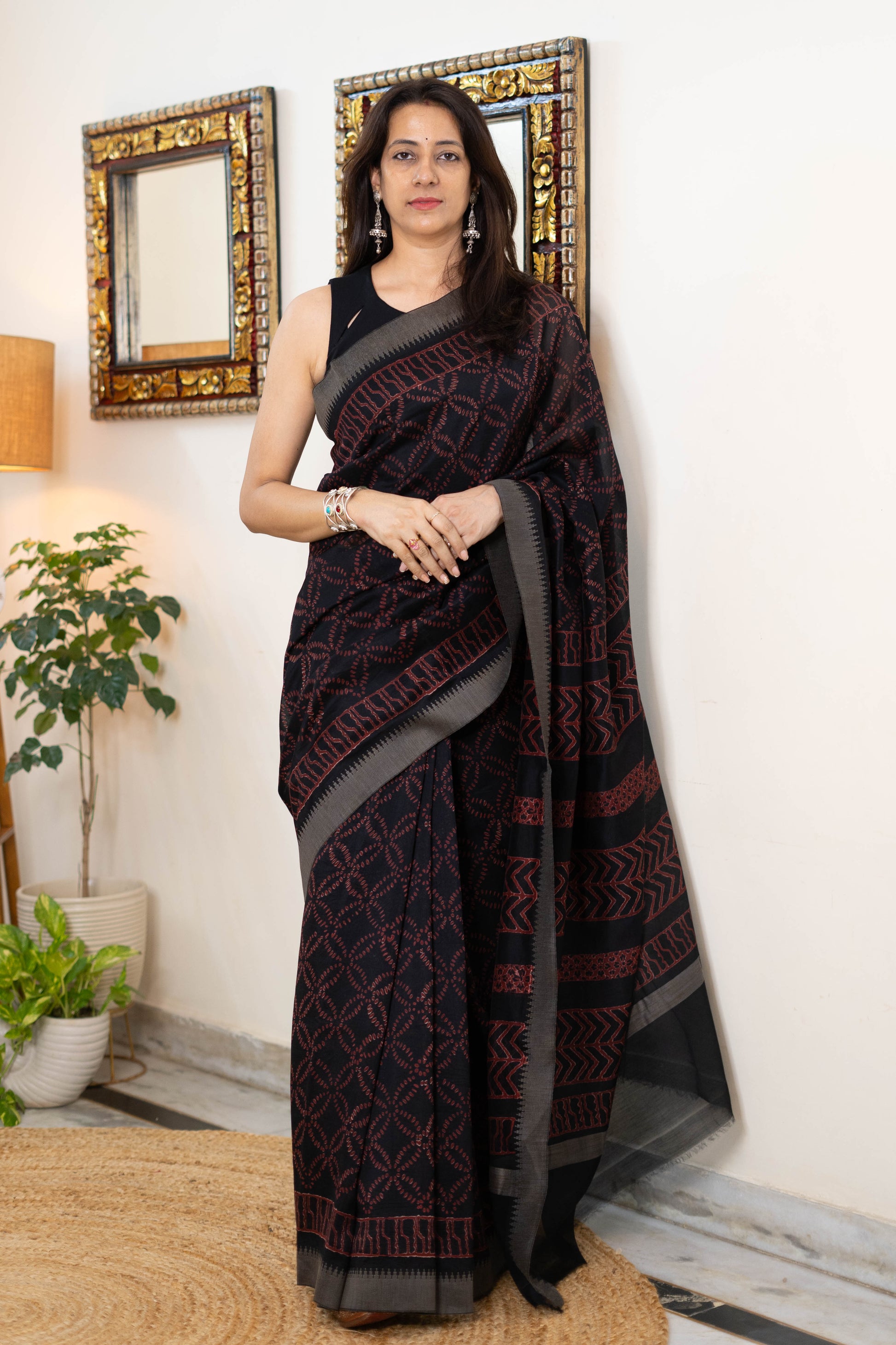 Handwoven Chanderi Silk Saree with Geometric Patterns