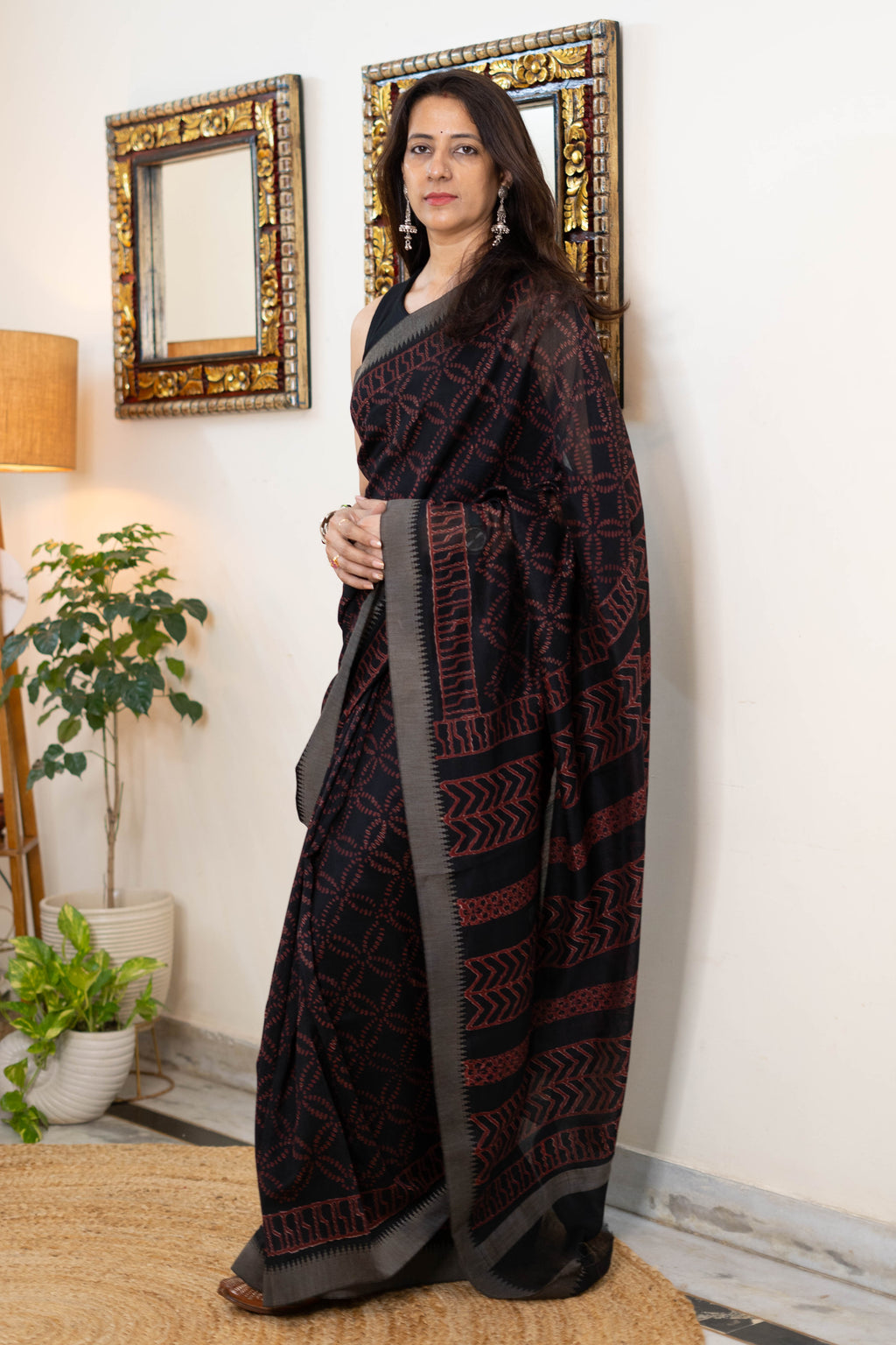 Handwoven Chanderi Silk Saree with Geometric Patterns
