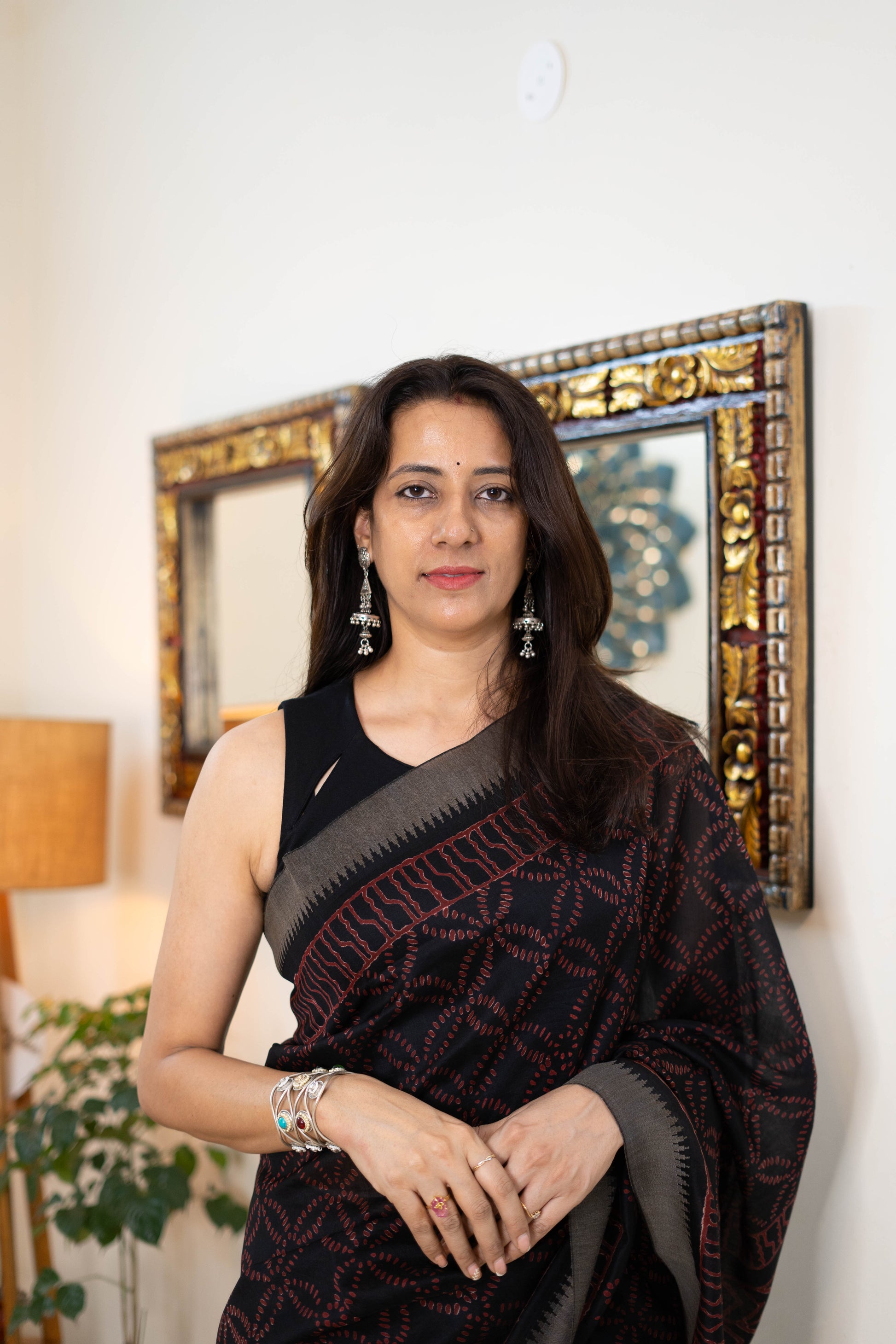 Handwoven Chanderi Silk Saree with Geometric Patterns
